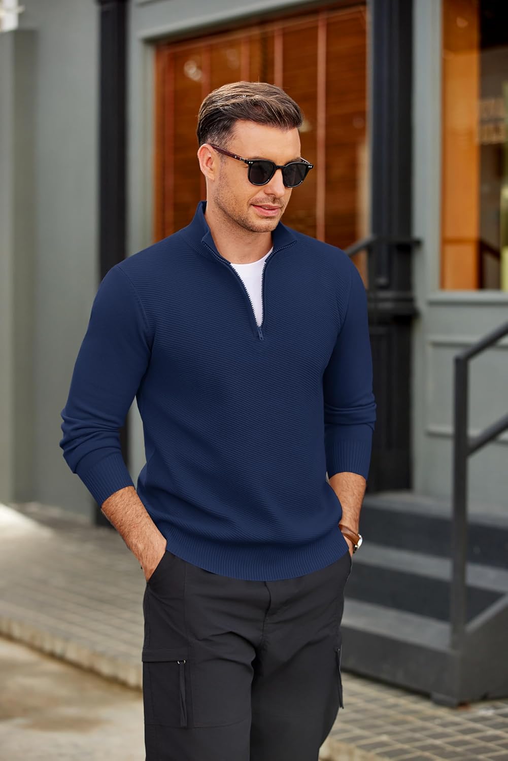 Thumbnail 2 de COOFANDY Pull camionneur homme hiver col roulé zippé 1/4 slim fit