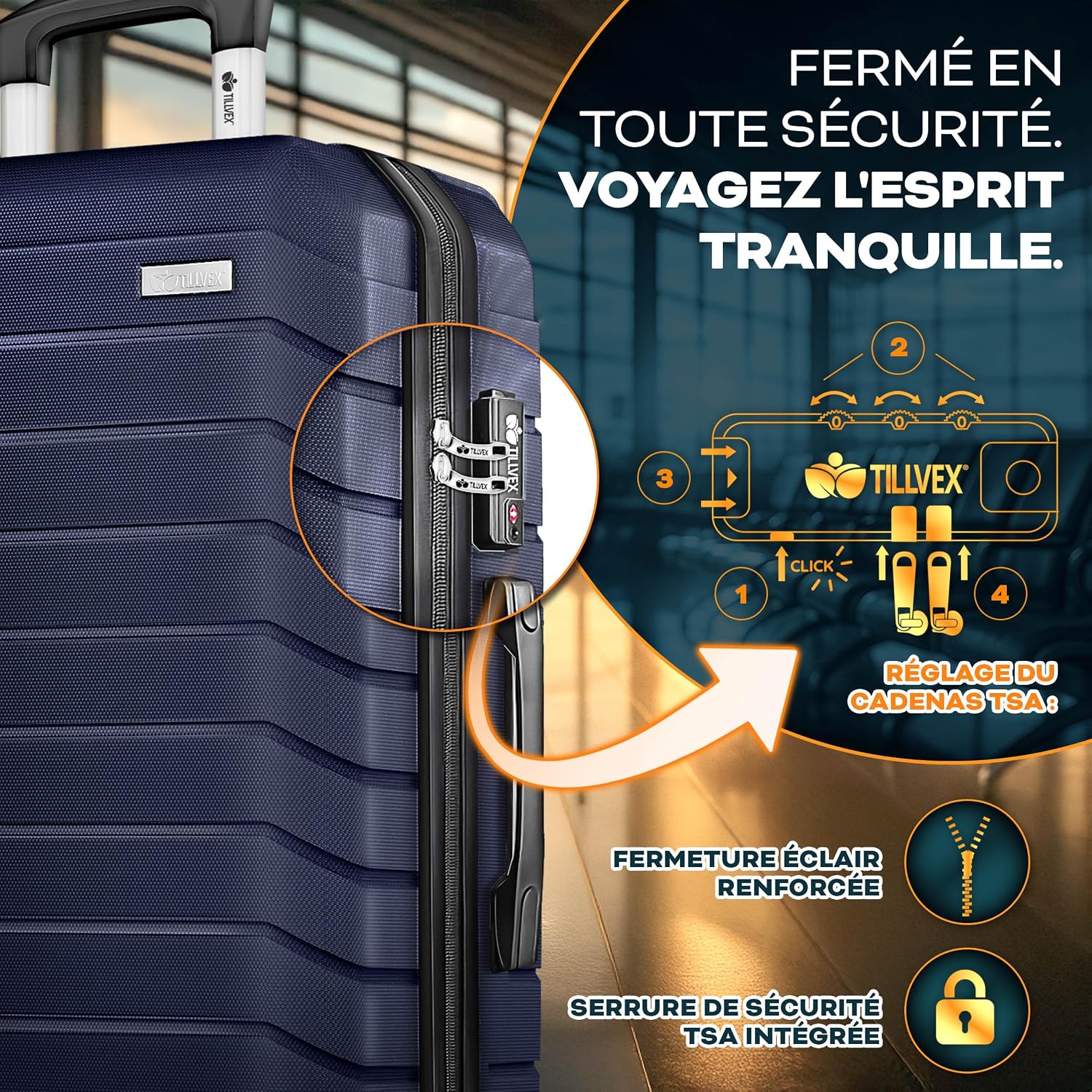 Detalle de tillvex® Set de 4 Valises de Voyage avec Balance, Sangles et Étiquettes – Coque ABS, TSA Lock, Roulettes 360°, Bleu Marine