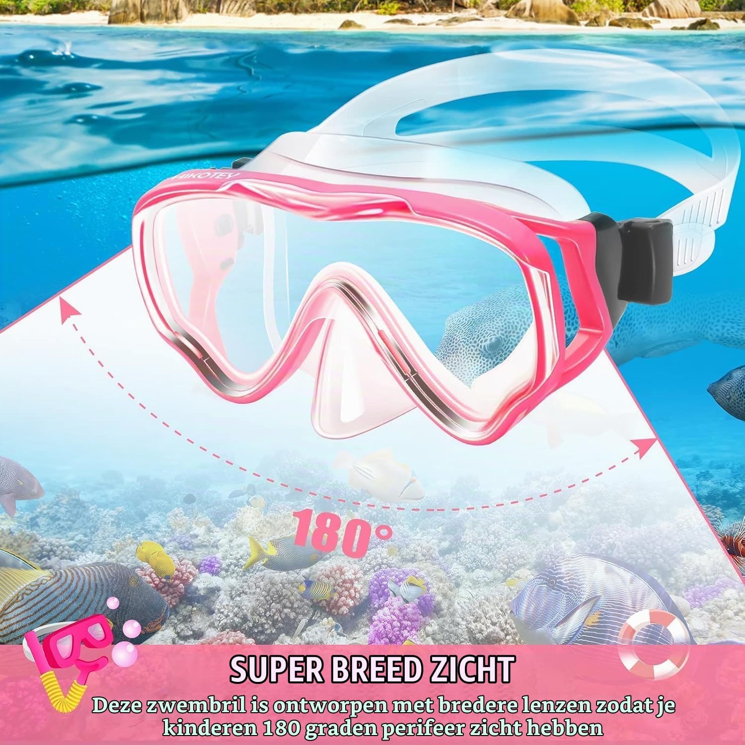 Detalle de HIKOTEY snorkelset voor kinderen met 180° panoramabril en droge snorkel
