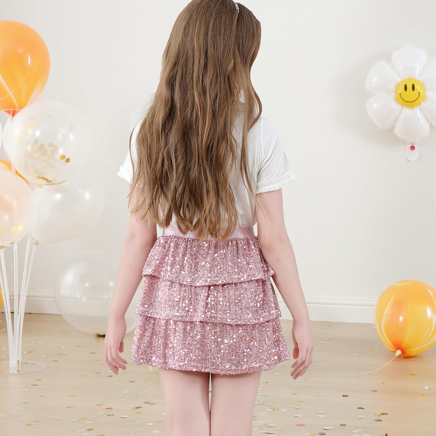 Detalle de Bezioner Girls Sequin Skirt – Layered Glitter Ruffle Skirt for Kids (5–14 Years)