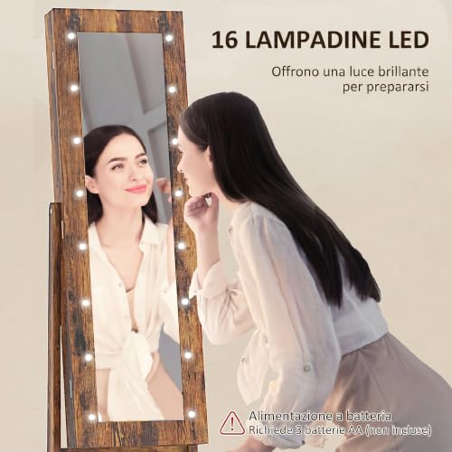 Detalle de HOMCOM Specchio Portagioie con Luce LED – 36x30x136 cm, Marrone Rustico