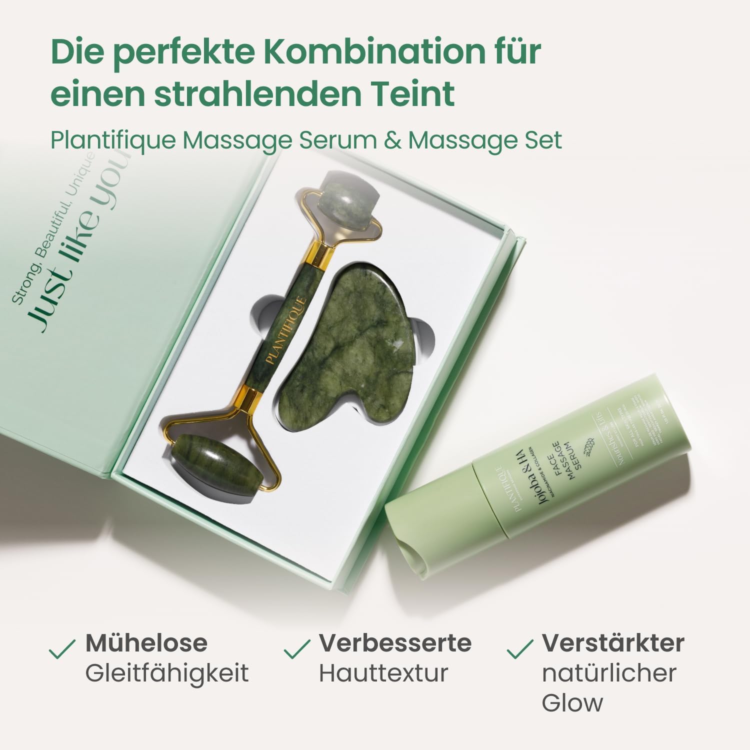 Detalle de PLANTIFIQUE Jade Gesichtsroller & Gua Sha Set aus Naturjade für Massage, Lymphdrainage und Augen