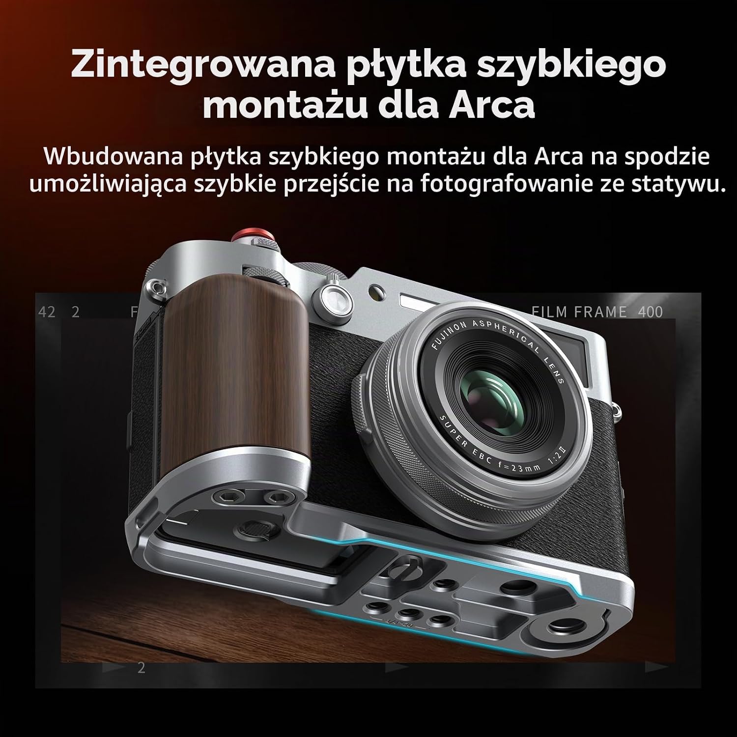 Detalle 1 de SMALLRIG 4804 – drewniany uchwyt L do Fujifilm X100VI/X100V z płytką Arca