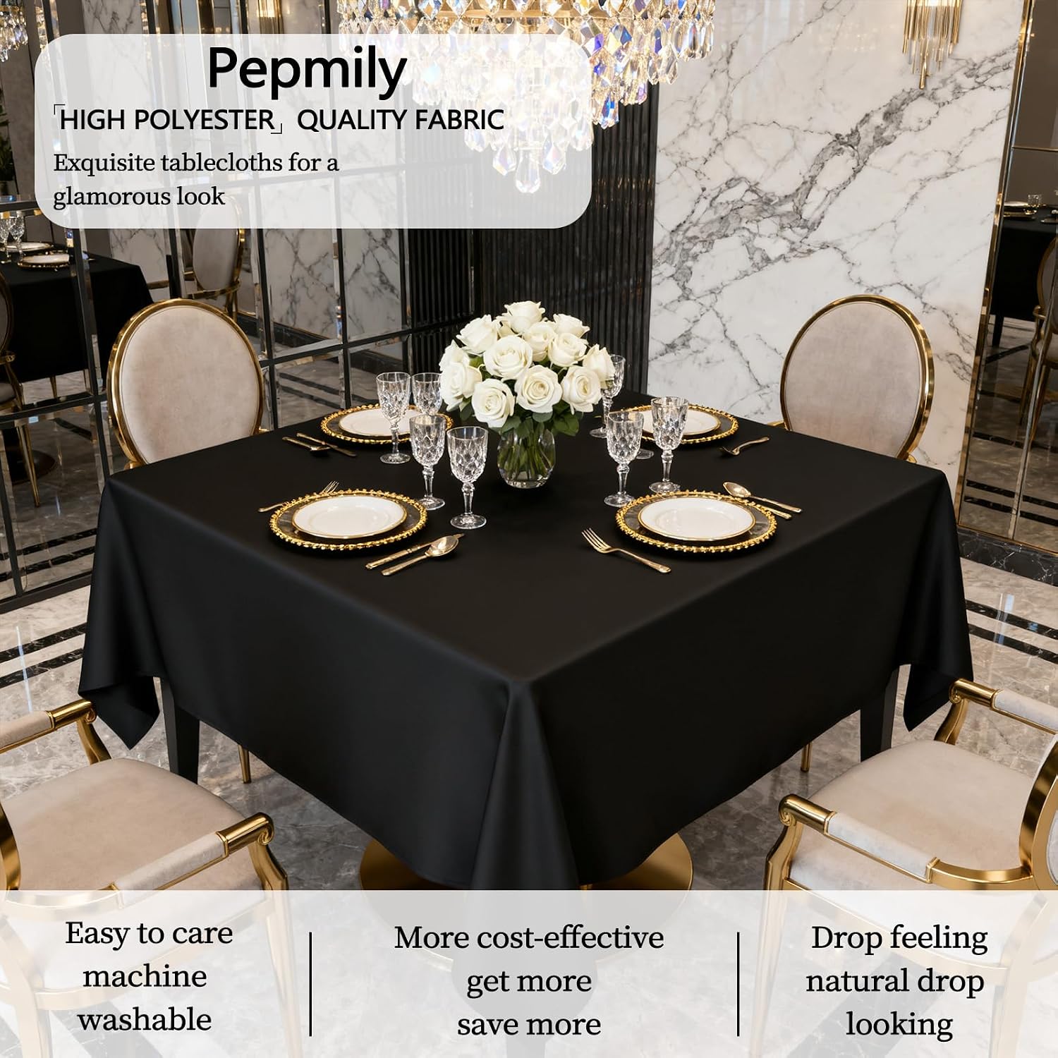 Detalle de pepmily 8-Pack Black Square Tablecloths (70x70 Inch) for Square Tables