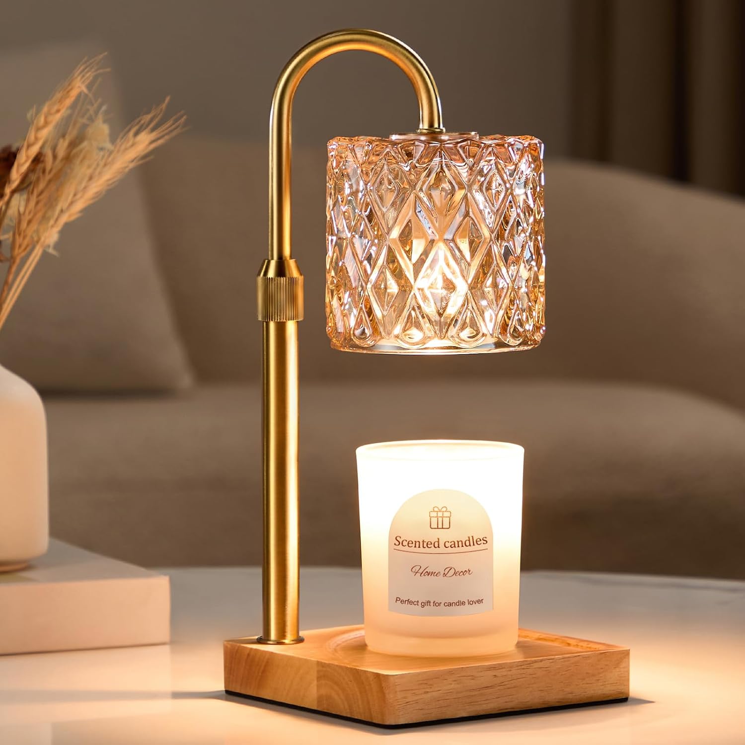 Detalle de Hong-in 6W8Q4 Candle Warmer Lamp with Timer, Adjustable Height and Amber Glass