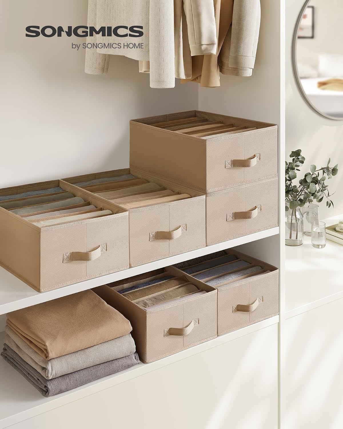 Detalle de SONGMICS RUS009K02 kledingorganizers, 6 vakken, stapelbaar en zandbeige
