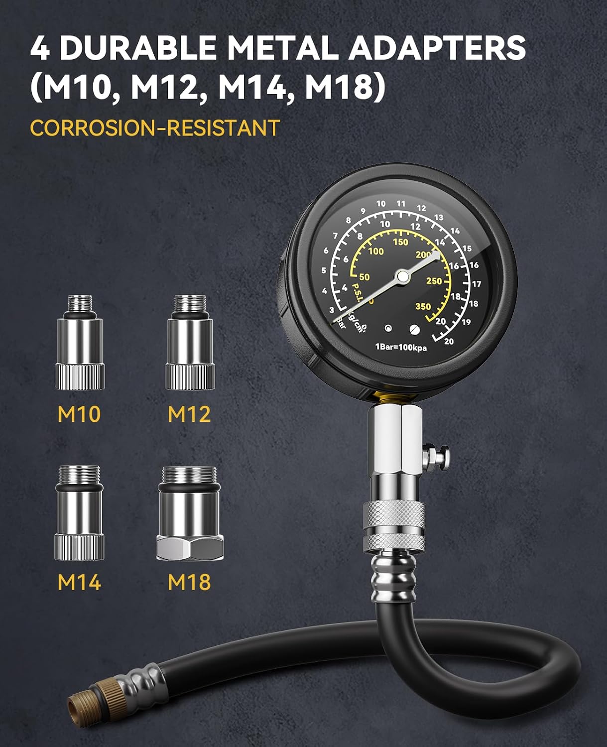 Detalle 1 de AUTOWN DIS-202GY Compression Tester Kit, 300 PSI Triple-Scale Gauge