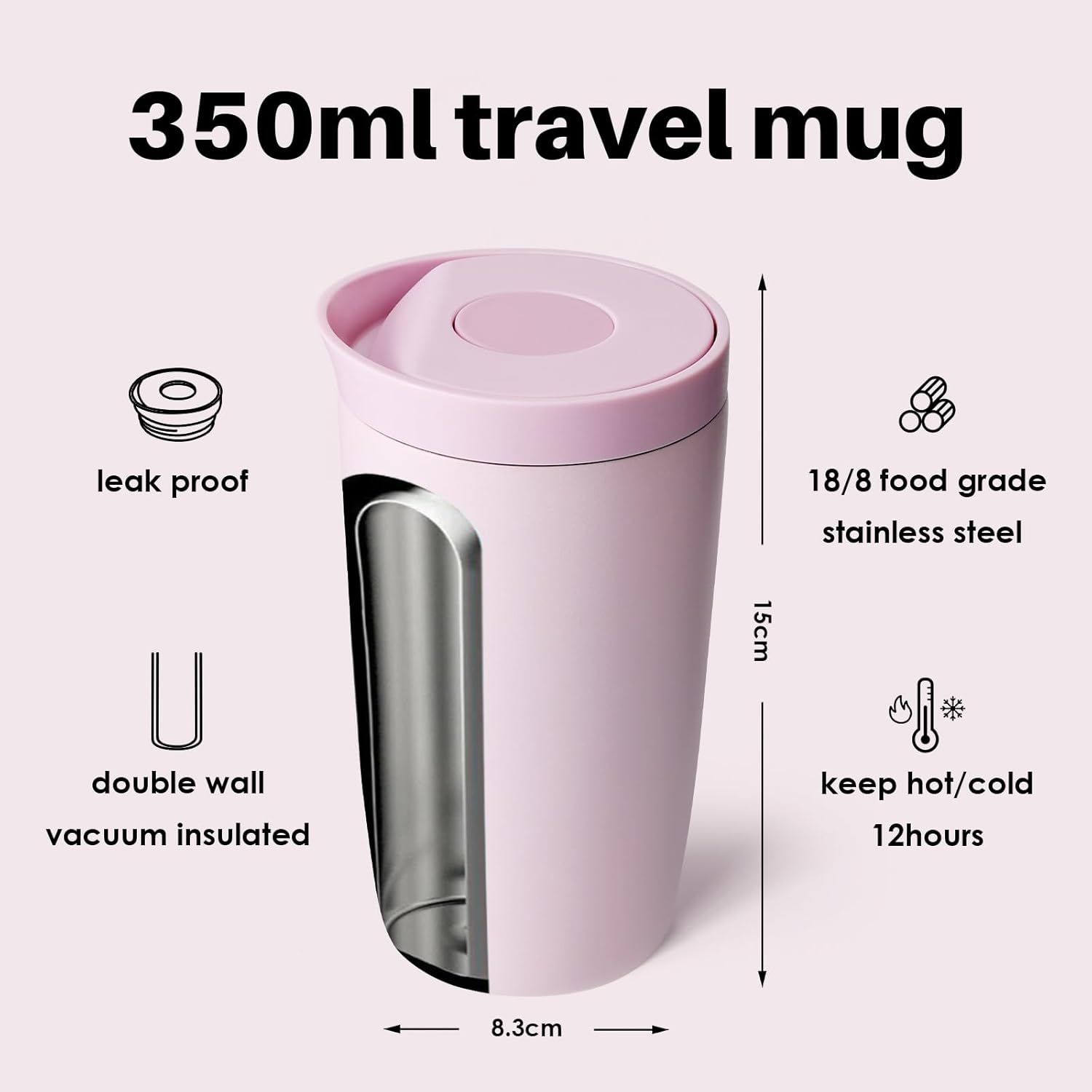 Thumbnail 2 de Insulated Travel Mug 350ml Stainless Steel – Pink with Push Button Lid