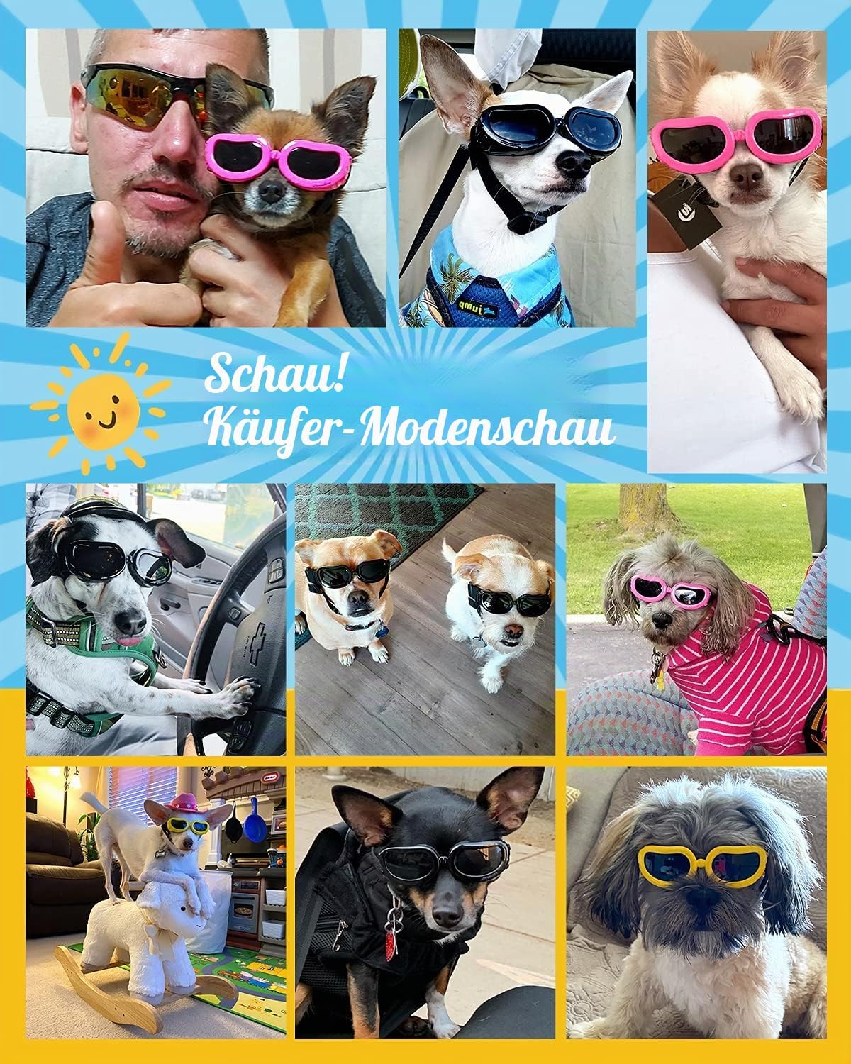 Detalle de Lewondr Sonnenbrille für Hunde — UV-Schutz, Wind- und Wasserdicht, verstellbares Gummiband (Kleine Hunde) – Vintage Blau
