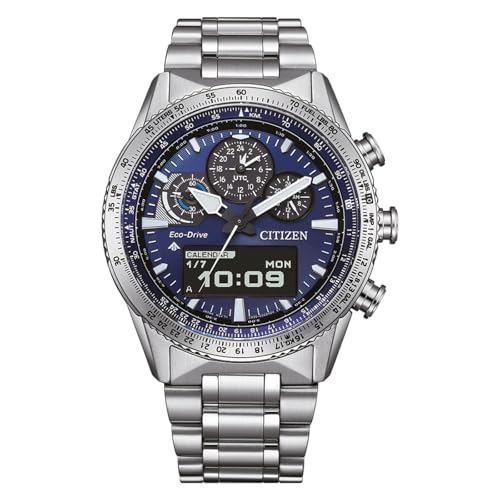 Detalle de Citizen Promaster JV2000-51L Herrenchronograph – Eco-Drive, Saphirglas, blaues Zifferblatt, 43 mm