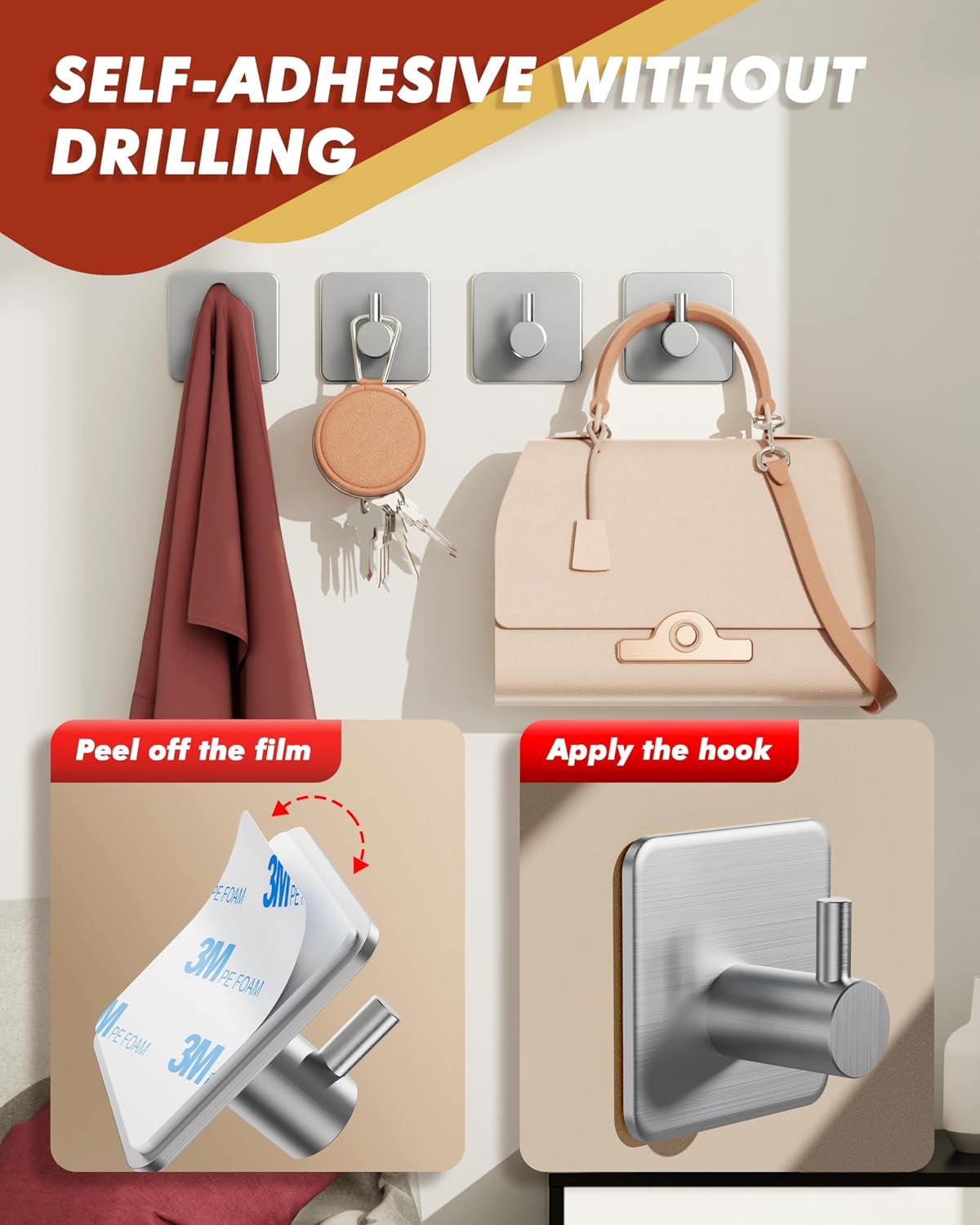 Detalle de Auxmir 102 Self-Adhesive Hooks, 6-Pack Stainless Steel, Silver