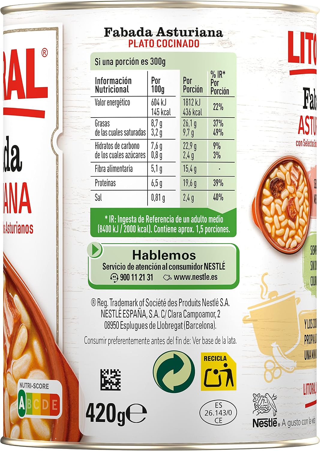 Detalle 2 de LITORAL Fabada Asturiana Sin Gluten 🍲 Pack 6x420 g