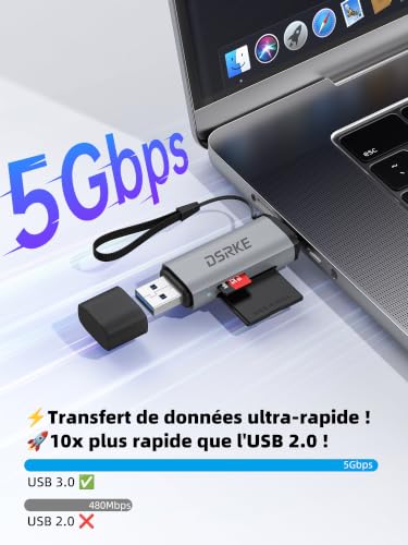 Detalle de DSRKE Lecteur Carte SD et Micro SD Adapter USB-C 3.0 Double Fente – Hauteur de vitesse et polyvalence