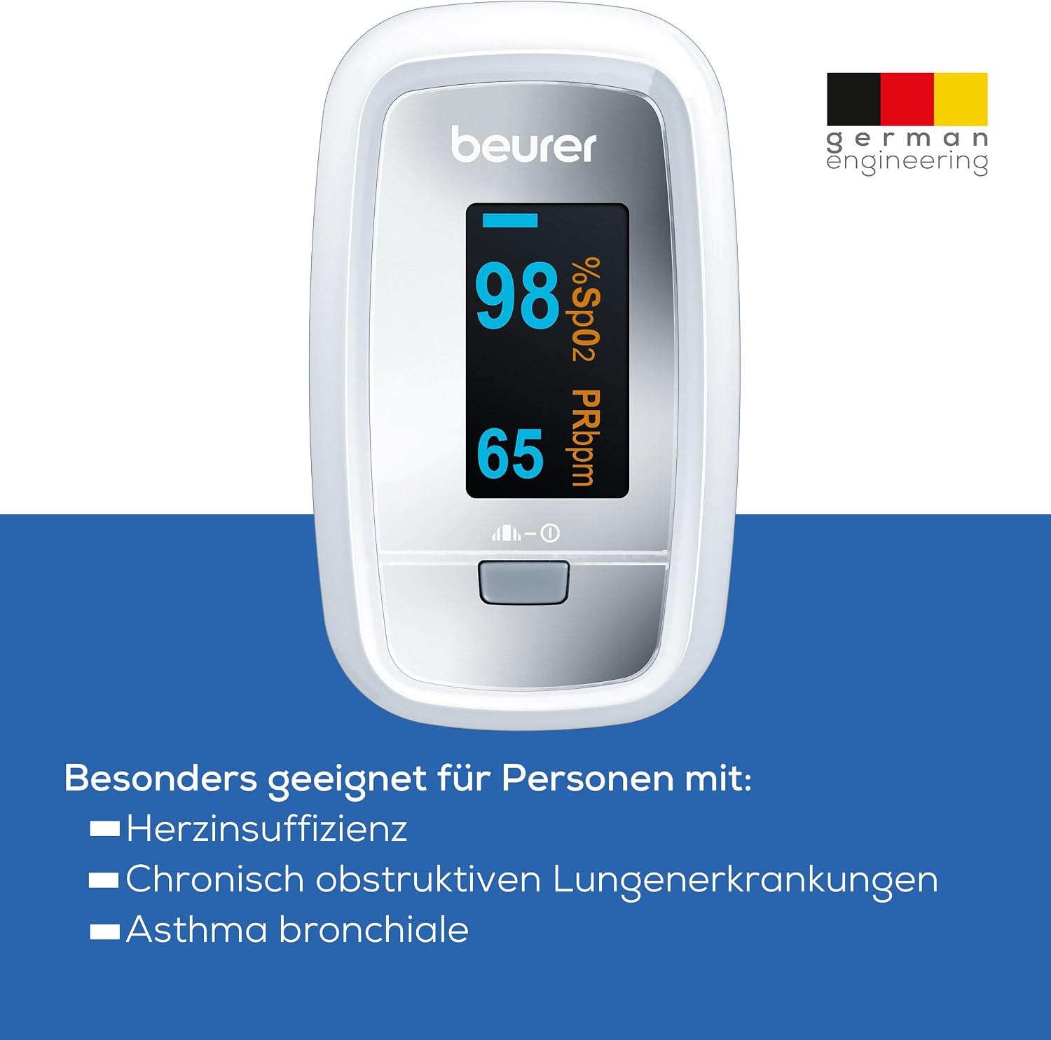 Detalle de Beurer PO 30 Pulsoximeter – kompakte Messung von SpO₂ und Puls mit farbigem Display