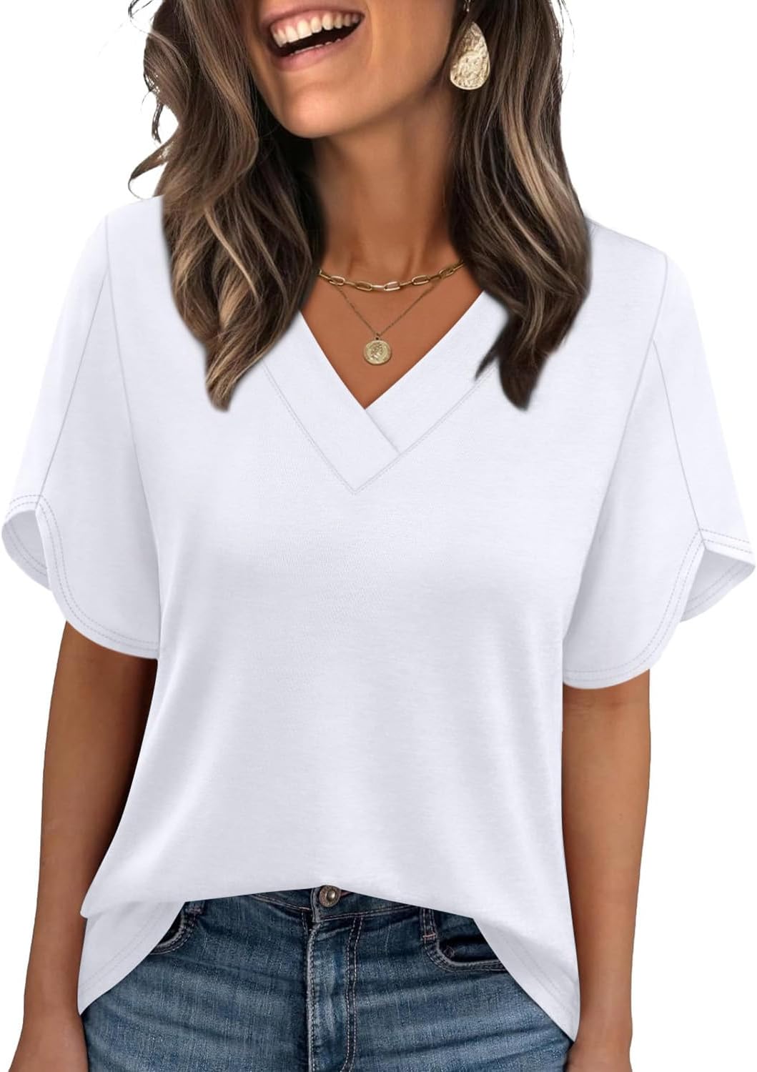 Detalle 2 de WIHOLL Women's Summer Tops: Short Petal Sleeve Shirt with V-Neck
