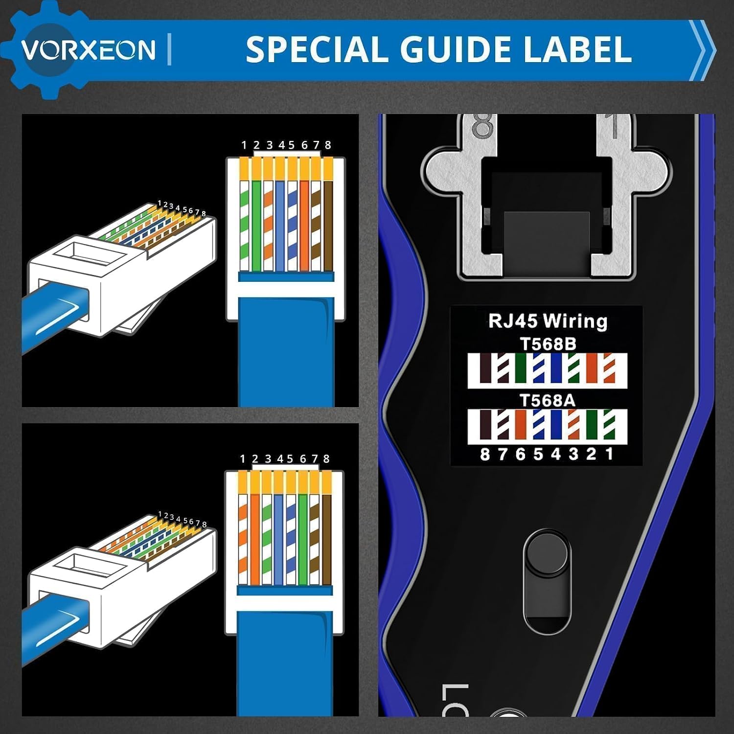 Detalle de VORXEON para cat6 RJ45-krimptangset met 50 Cat6-doorvoerconnectoren