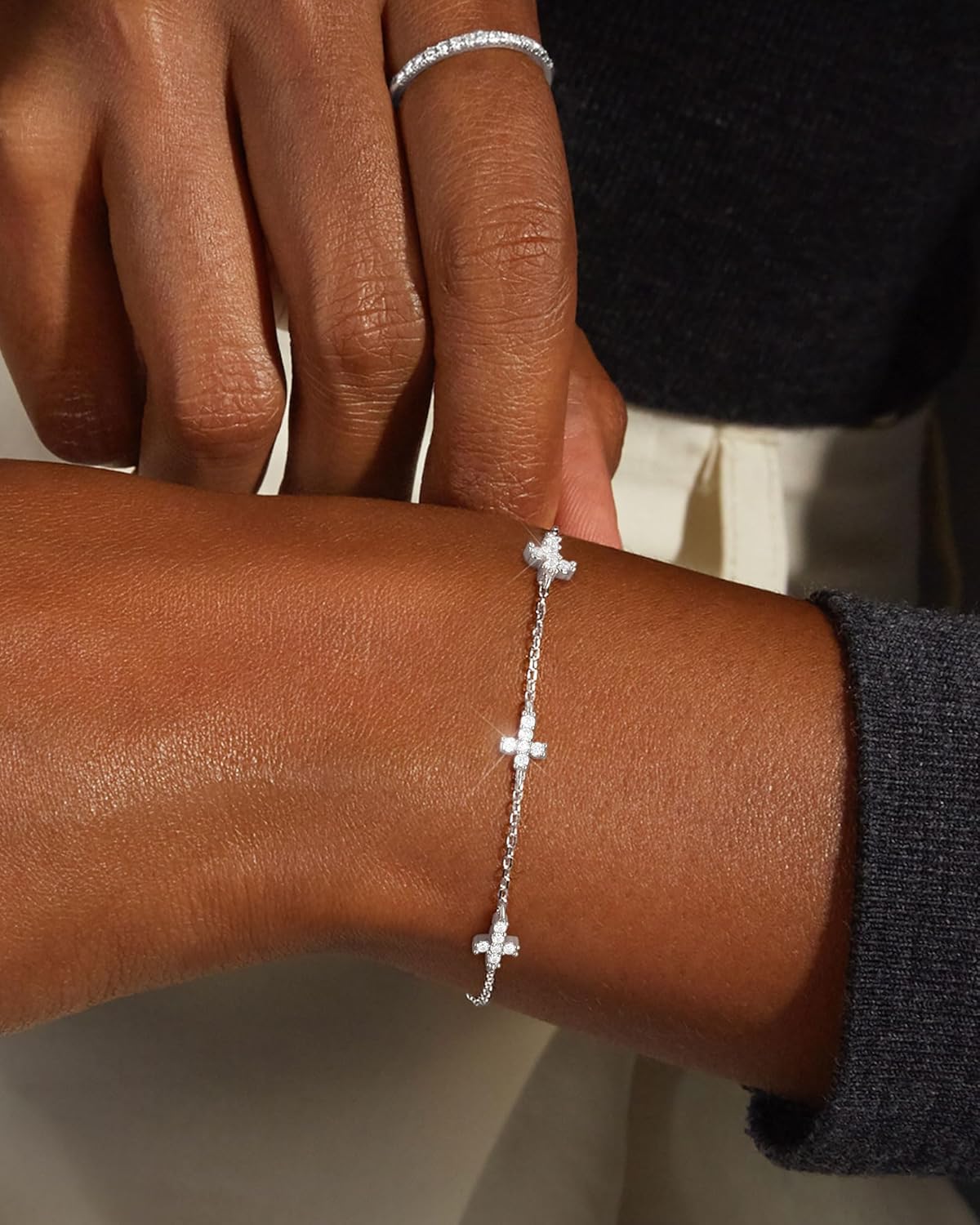 Thumbnail 1 de Bracelet femme ZHESHY en argent 925 et plaqué or 14k, réglable, motifs trèfle à 4 feuilles et croix