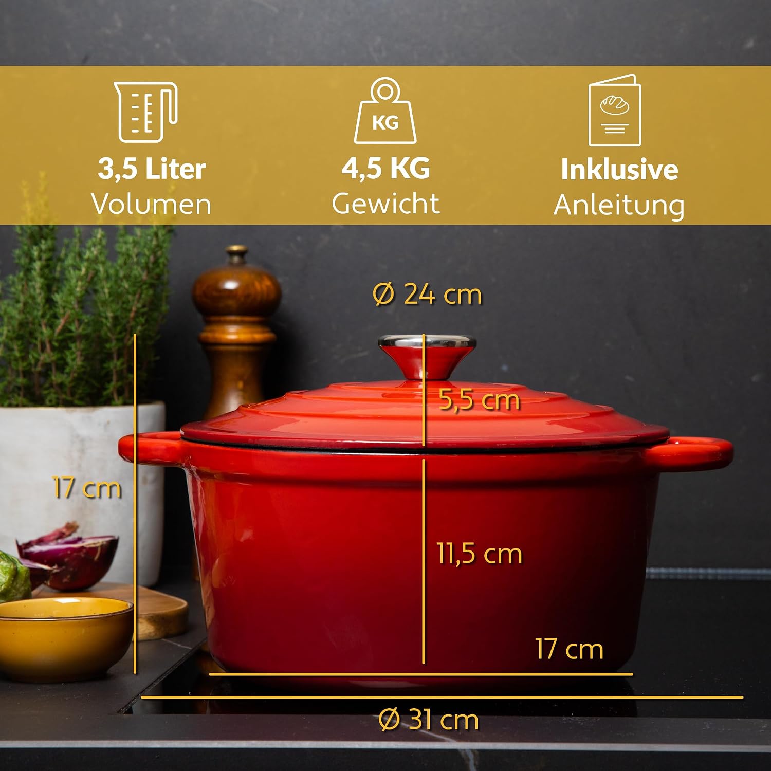 Thumbnail 3 de Chefarone Gusseisen Topf 24 cm (3,5 L) – emaillierter Schmortopf mit Deckel für Brotbacken, Schmoren & Braten