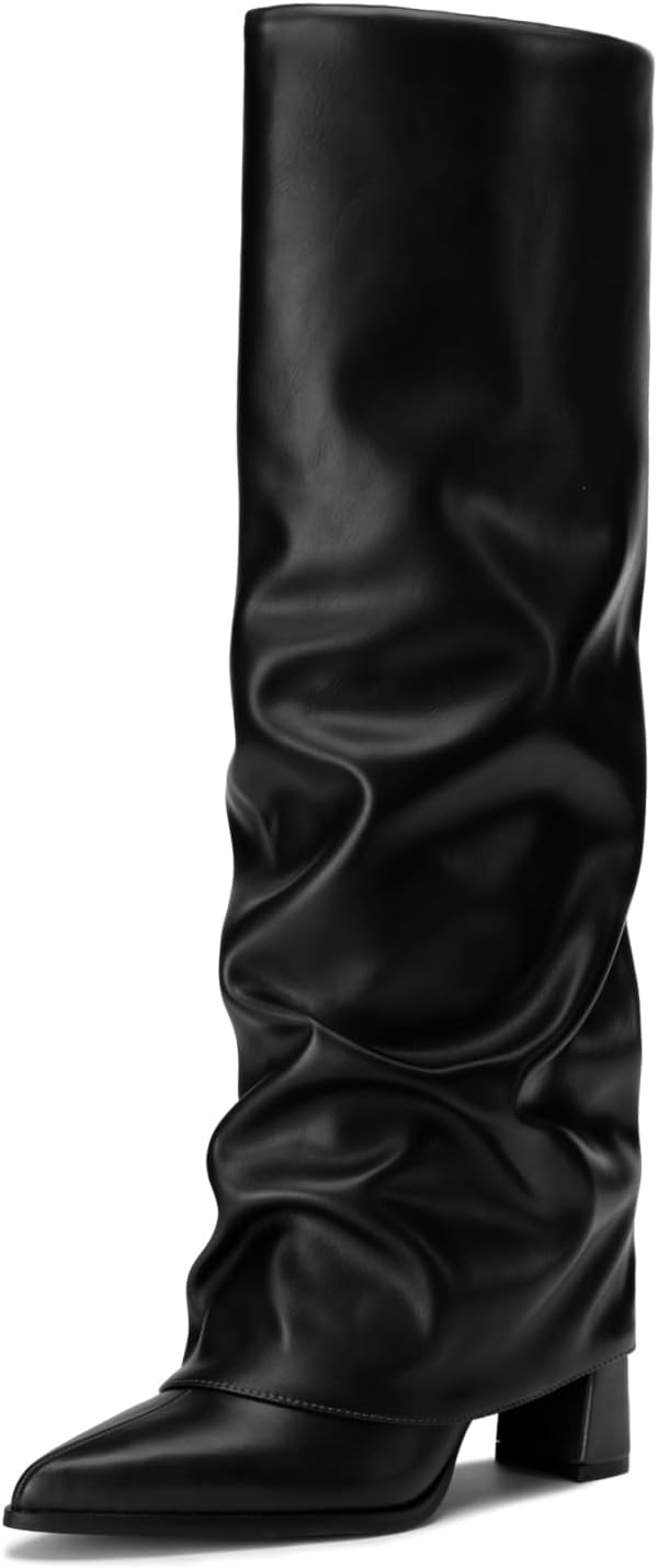 Detalle de Athlefit Women's Knee-High Fold-Over Boots with 3.17-Inch Chunky Heel