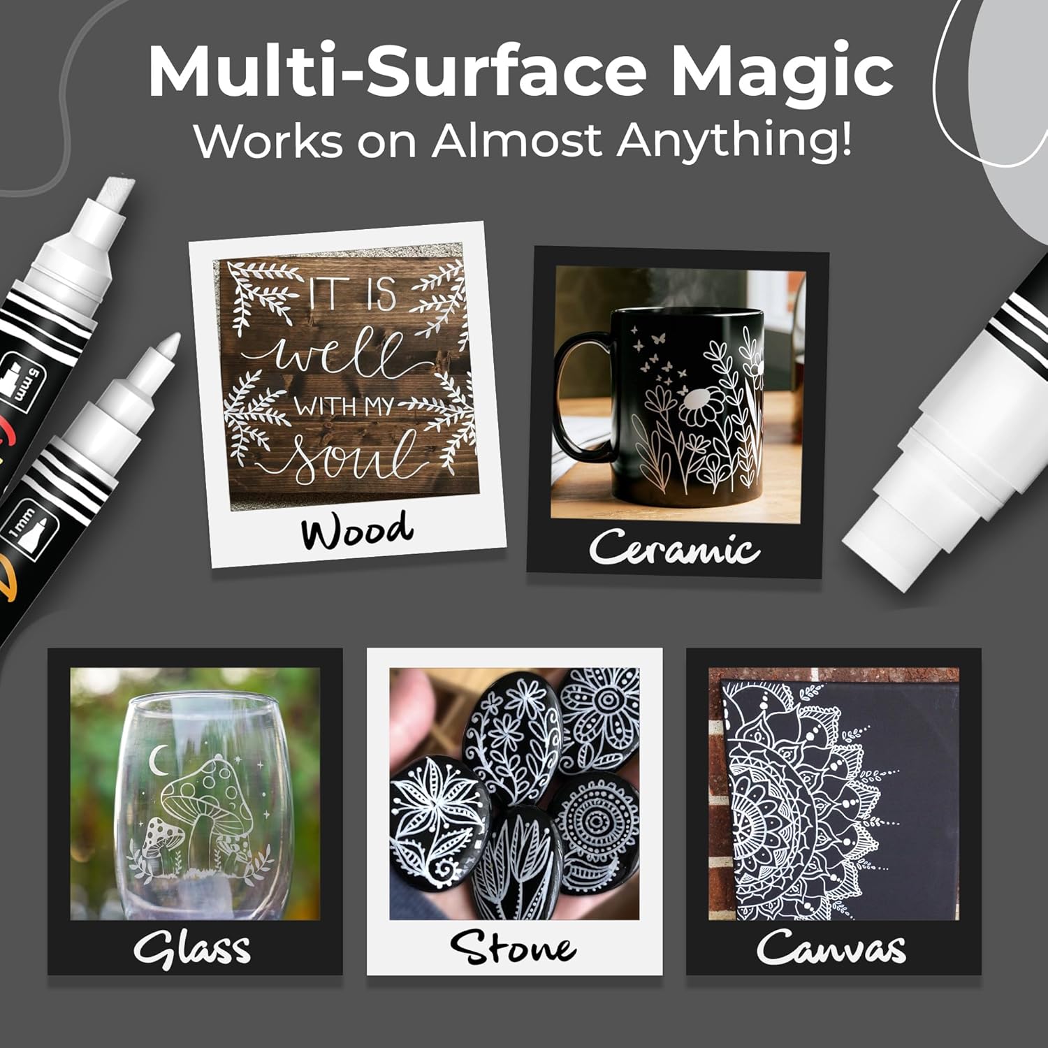 Thumbnail 2 de Chalkola 5 Acrylic White Paint Pen (Dual Tip) – Fine, 3mm, 5mm and 15mm jumbo markers