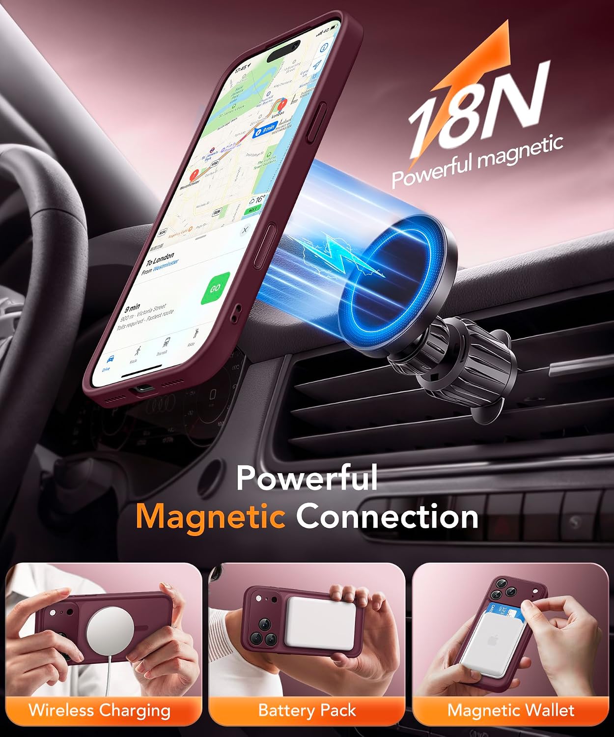 Detalle de Magnetic Case for iPhone 17 Pro Max with Privacy Screen Protector – MagSafe-compatible, Camera Protection, Military-grade 360° – Wine Red