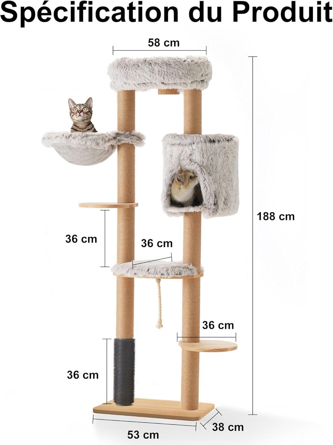 Thumbnail 5 de FUKUMARU Arbre à chat mural de 188 cm en bois de caoutchouc massif, multi-niveaux avec griffoir et panier suspendu