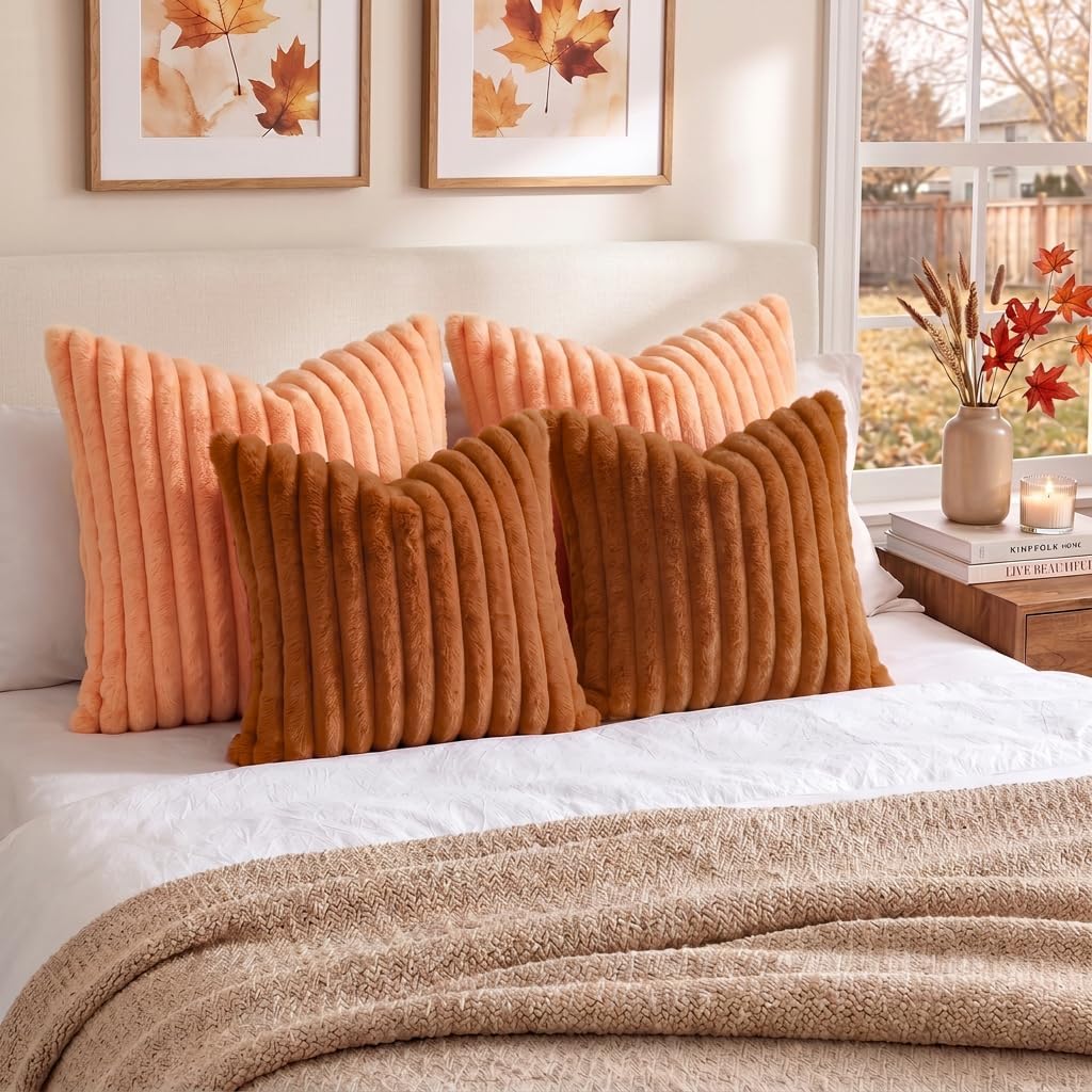 Detalle de decorUhome Fall Faux Fur Throw Pillow Covers, 24 x 24-Inch Set of 2, Light Rust