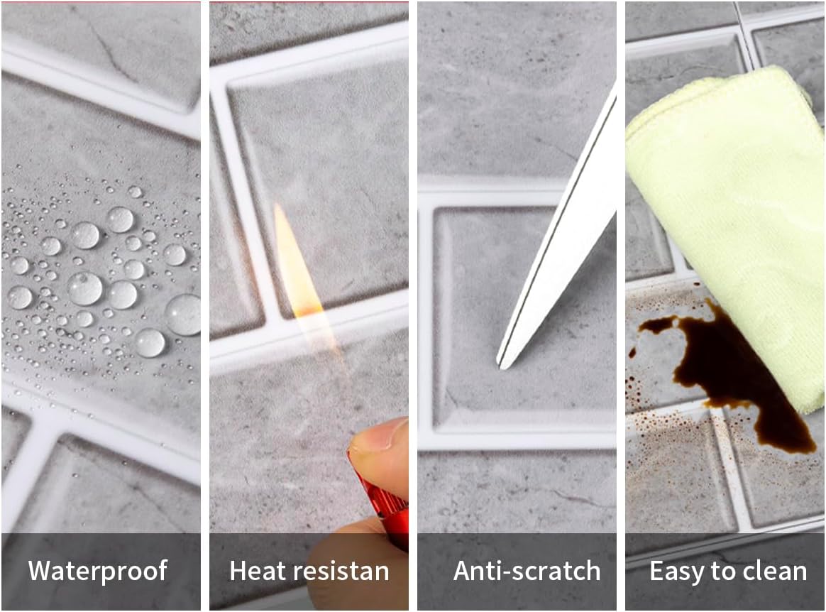 Thumbnail 3 de Fantasnight Grey Brick Tile Stickers (PET) – Peel and Stick Waterproof Vinyl for Bathroom & Kitchen, 30x15cm, 12 pcs