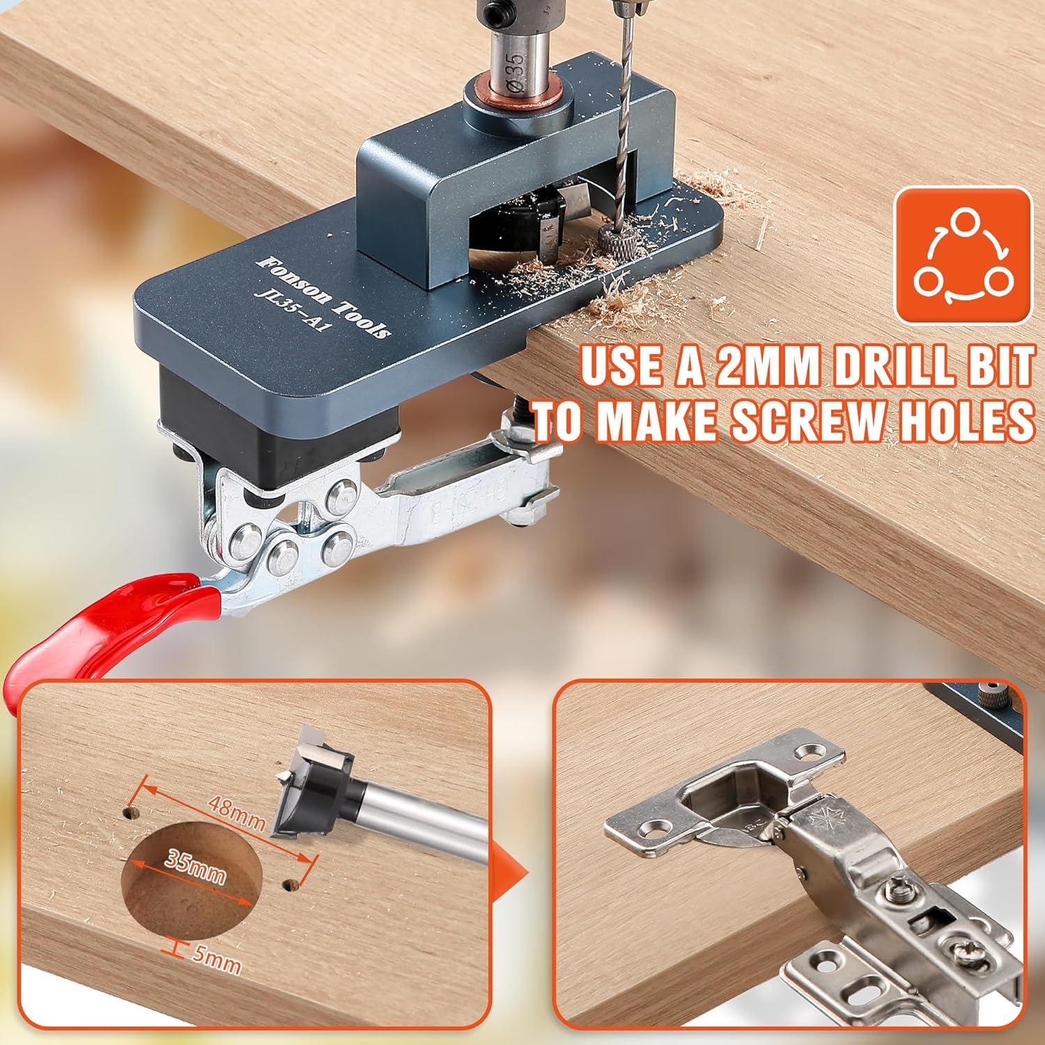 Detalle 2 de Metal Concealed Hinge Jig, 35MM Cabinet Hinge Jig Drilling Hole Puncher with Quick Clamp
