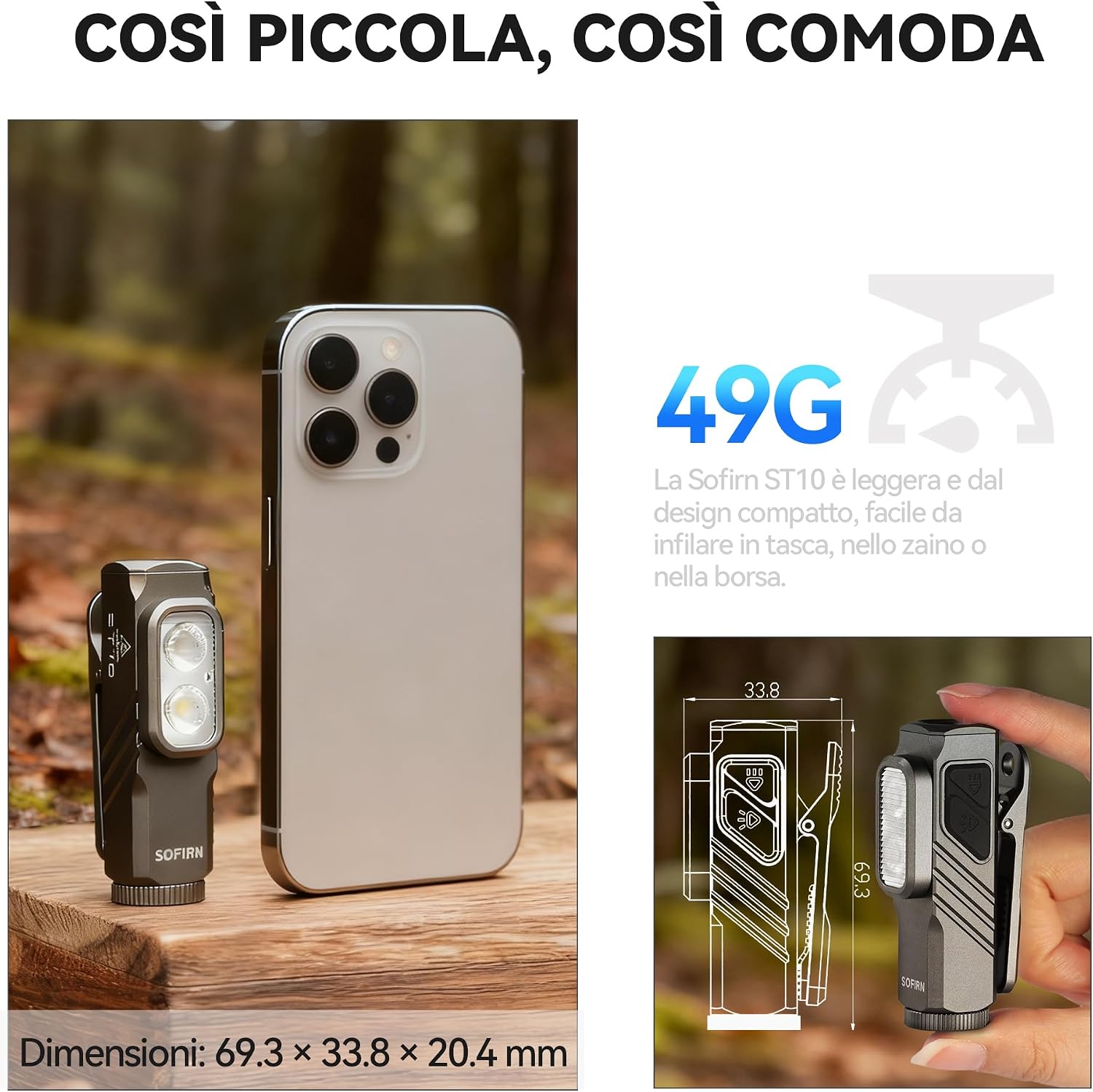 Detalle de SOFIRN ST10 Mini: torcia LED ricaricabile 1000 lm spot / 500 lm flood, luce rossa 660 nm, IPX6