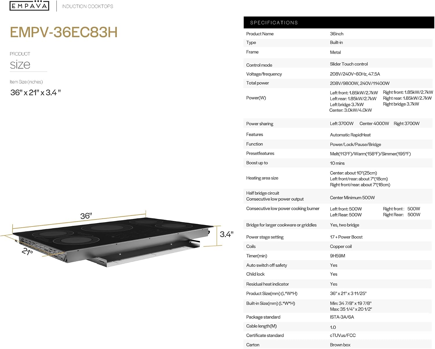 Detalle 1 de Empava EMPV-36EC83H 36-Inch Induction Cooktop, 5 Burners, Bridge-SYNC