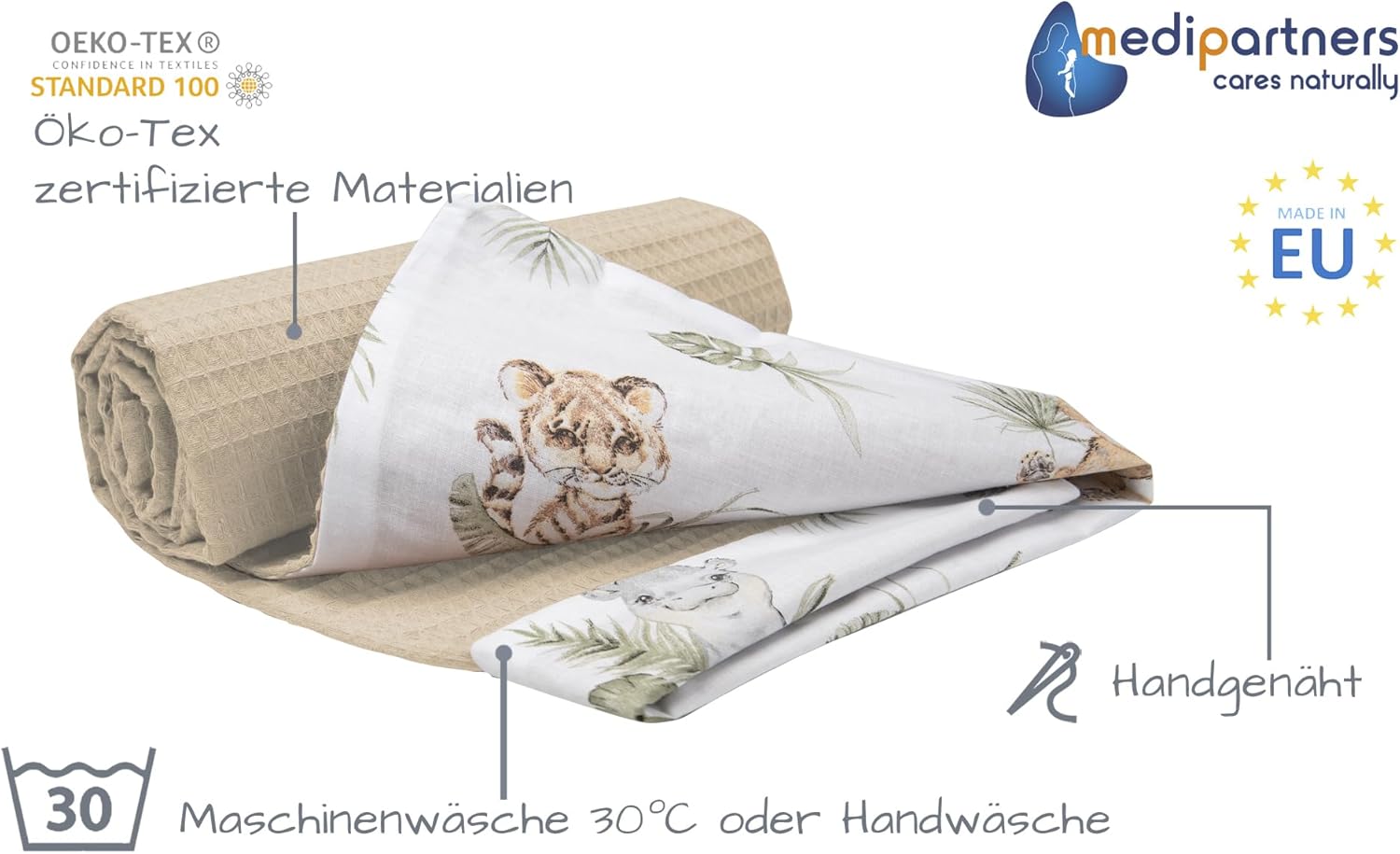 Thumbnail 1 de Medi Partners Babydecke Safari Grau mit Waffelstruktur – 75x100 cm, 100% Baumwolle, zweischichtig, Öko-Tex zertifiziert