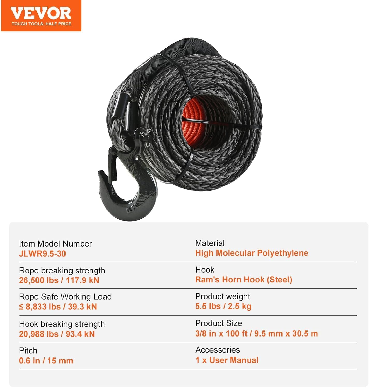 Thumbnail 6 de VEVOR 3/8 in x 100 ft Synthetic Winch Rope with Protective Sleeve, Hook & Pull Strap — 26,500 lbs Break Strength