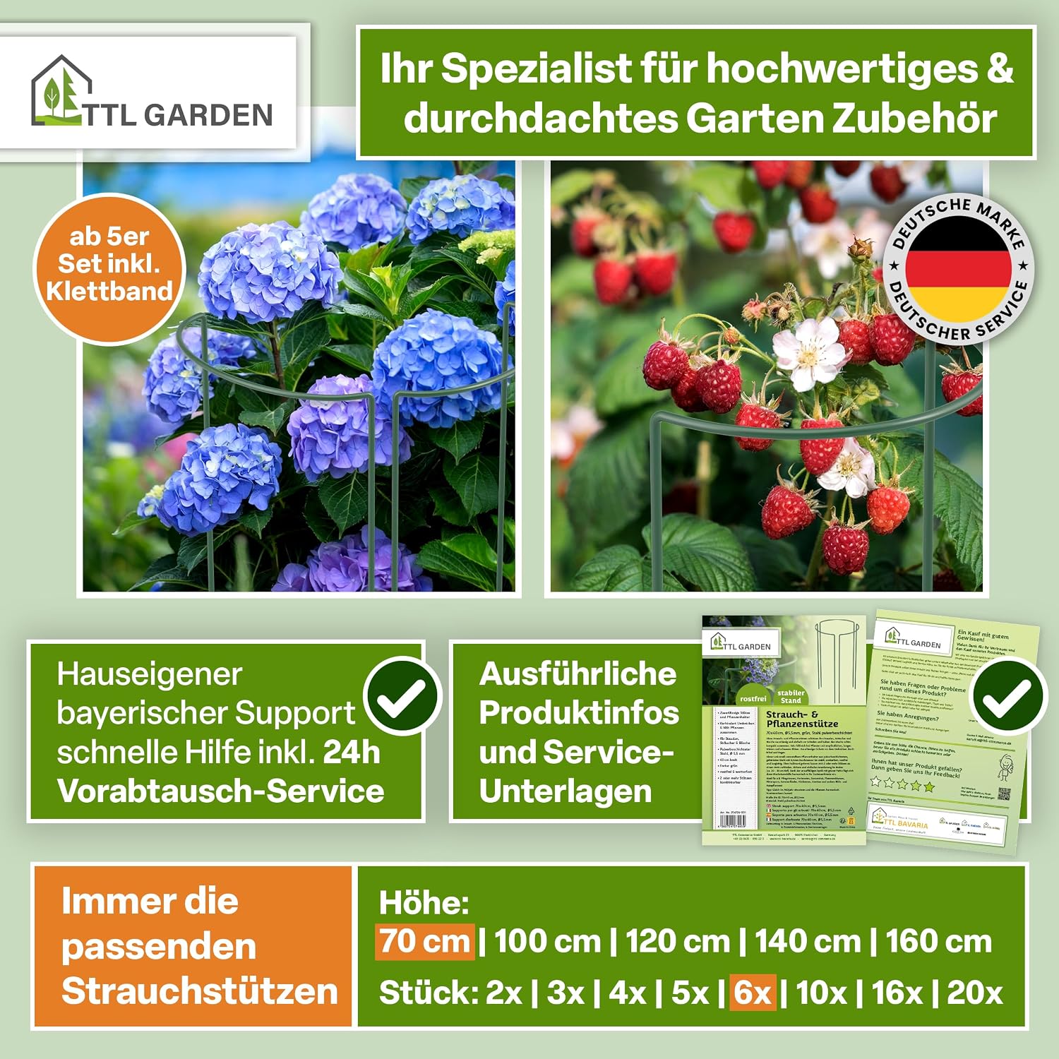 Thumbnail 6 de TTL GARDEN Strauchstützen 70 cm x 40 cm – 6er Set mit Klettband, rostfreier Stahl, grün