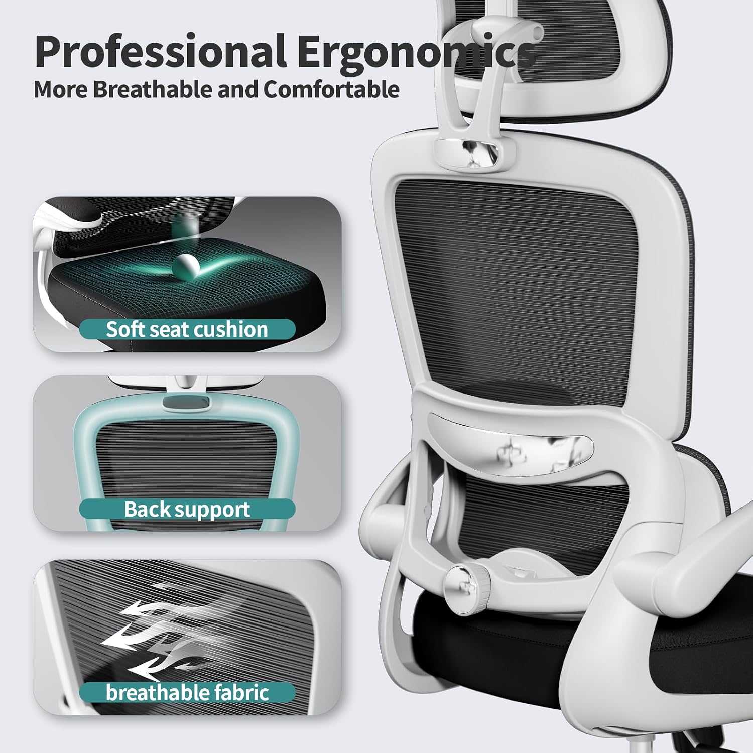 Detalle de TRALT TRALT+ERG+YQ001-1-W-B-CA Ergonomic Mesh Office Chair, Adjustable Lumbar