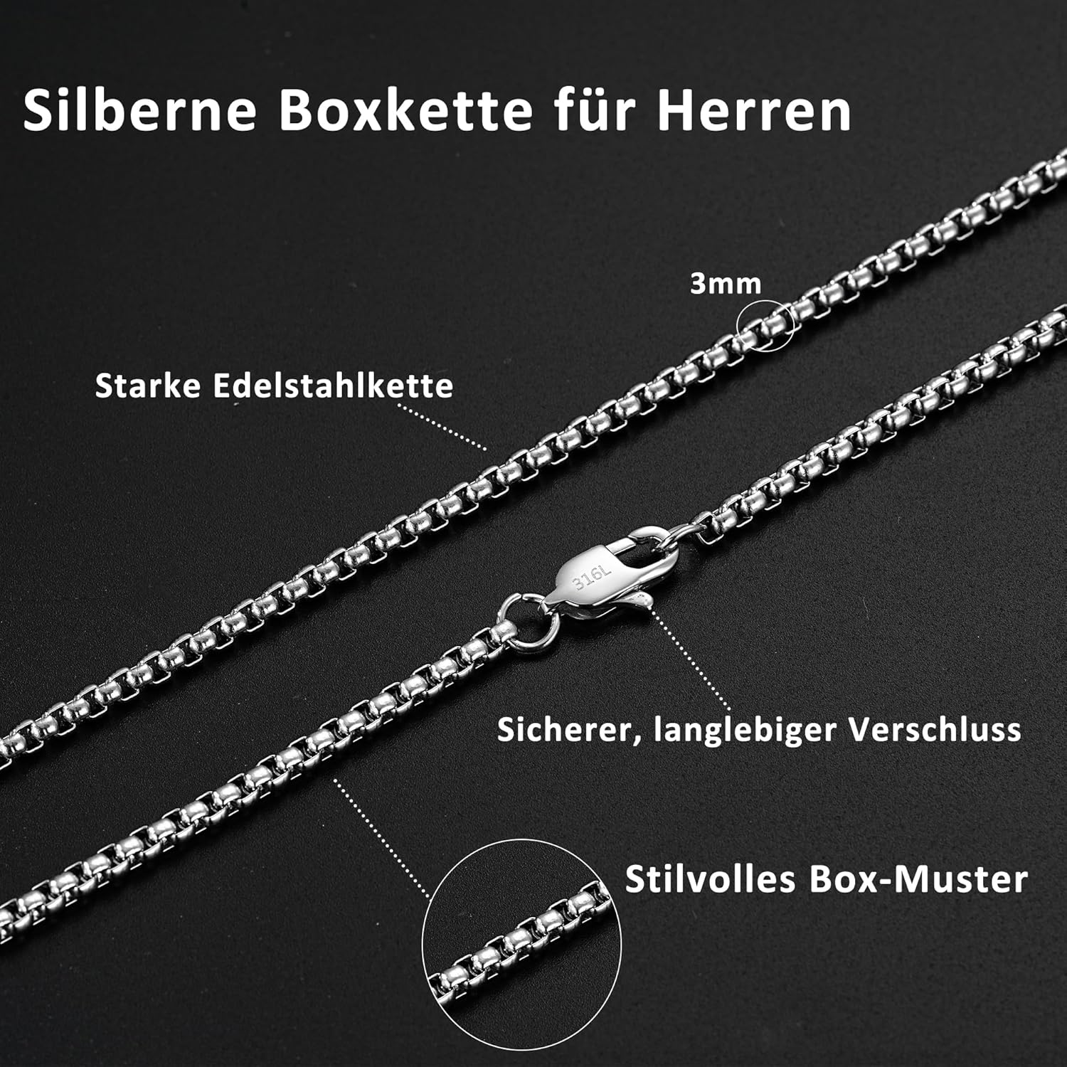 Detalle de Esrael 2/3mm Weizen/Venetian Edelstahl Kette für Männer – robustes, hypoallergenes Schmuckstück