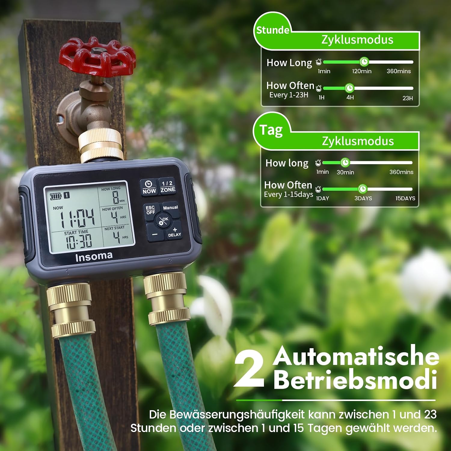 Detalle de Insoma-Wasserzeitschaltuhr mit Messing-Einlass und -Auslass: Zwei Zonen, IPX5, manuell, Regenverzögerung