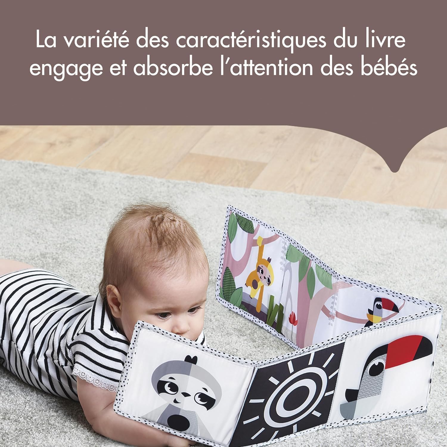 Detalle de Tiny Love Livre Bébé en Tissu Double Face – Livre Sensoriel Noir & Blanc, 7 Activités