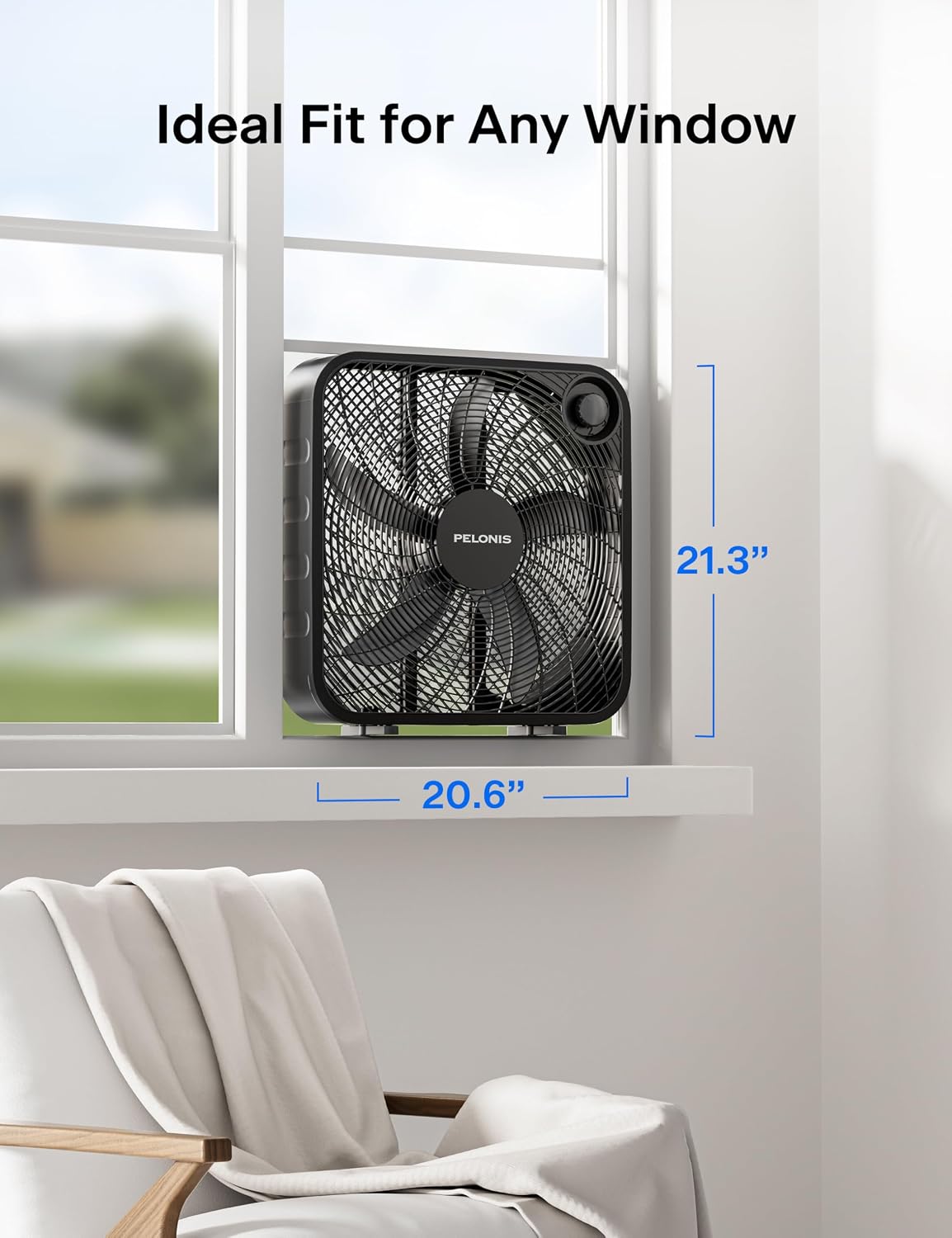 Detalle 2 de PELONIS 20 Inch Box Fan (3 Speeds) — Lightweight Floor/Window/Table Fan with 2295 CFM Air Throw