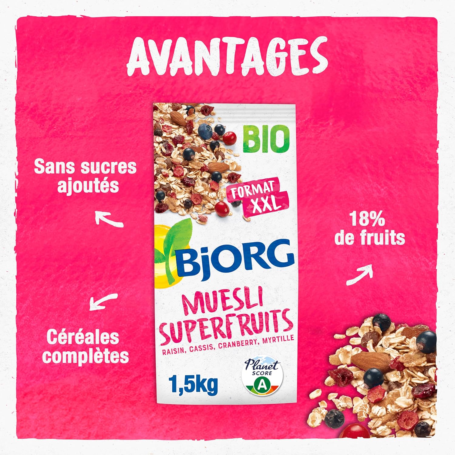 Detalle de BJORG Muesli Superfruits Bio – Raisin, Cassis, Cranberry et Myrtille, céréales complètes, sans sucres ajoutés, format XXL 1,5 kg