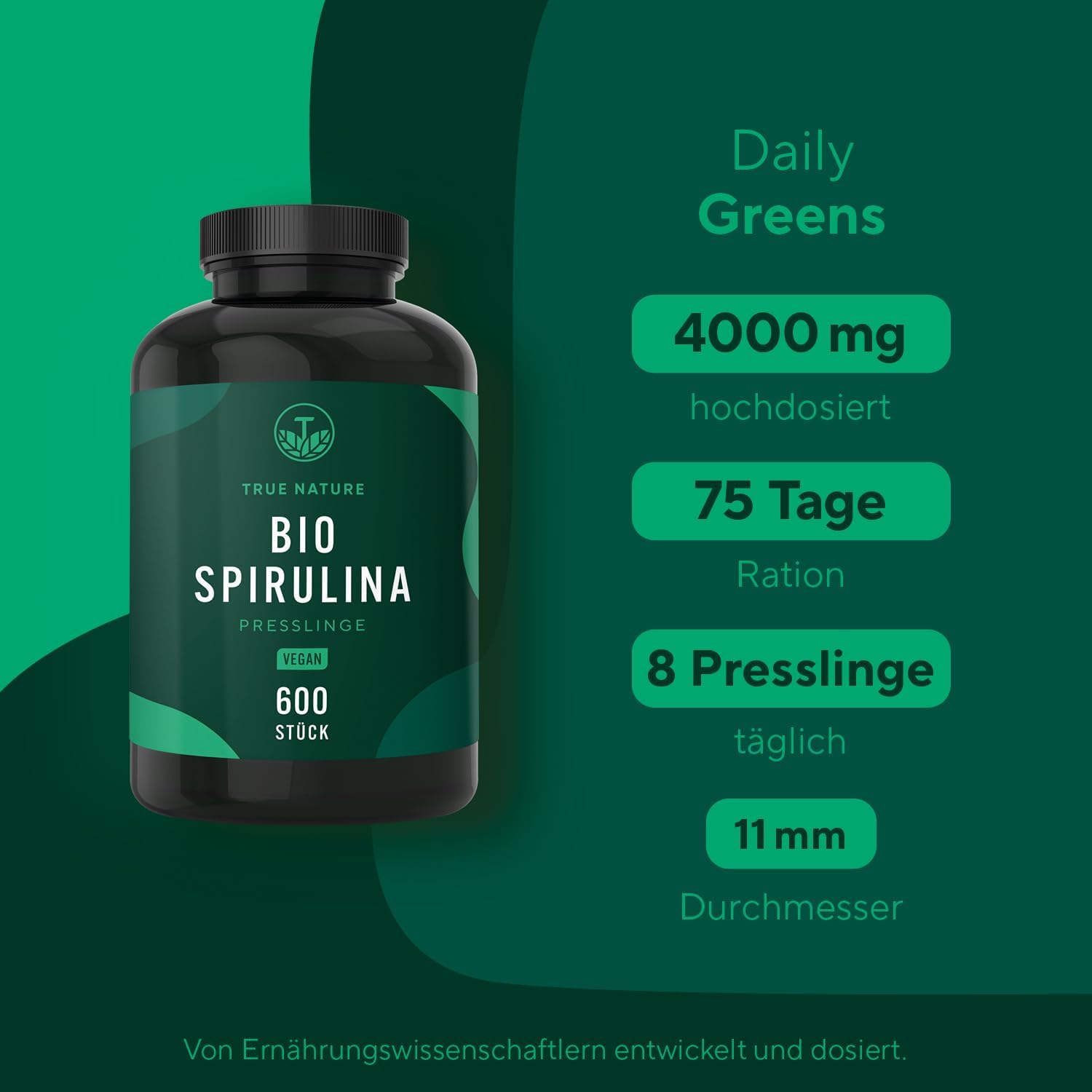 Detalle 2 de Bio Spirulina Presslinge – 600 Tabletten (500 mg) hochdosiert, vegan, TRUE NATURE®