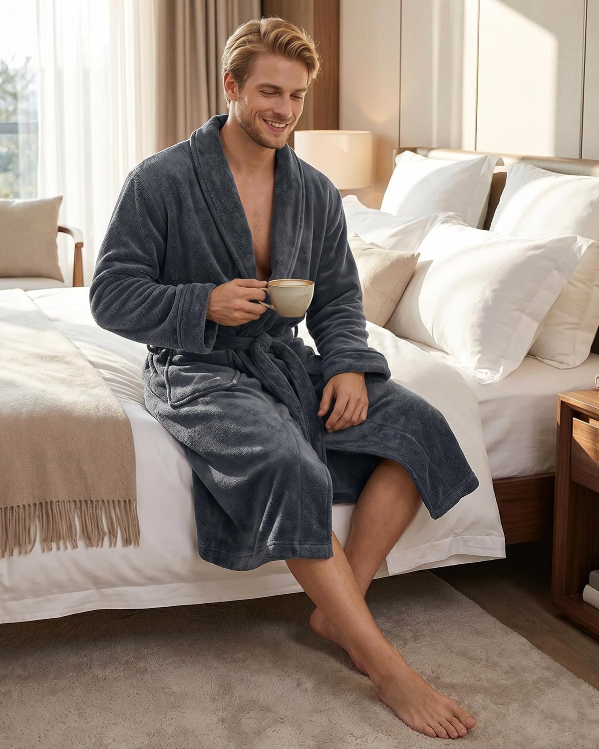 Detalle de NY Threads Herren-Bademantel aus Flausch-Fleece mit Schalkragen und Gürtel