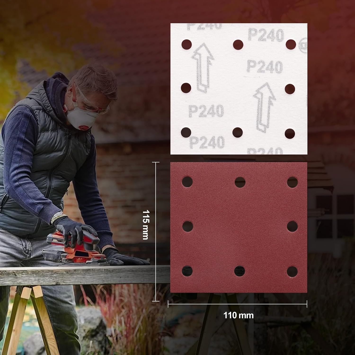 Detalle 2 de Sruhrak 110x115mm Sandpaper – 50 Sheets, 240 Grit, Hook-and-Loop, 8-Hole Design