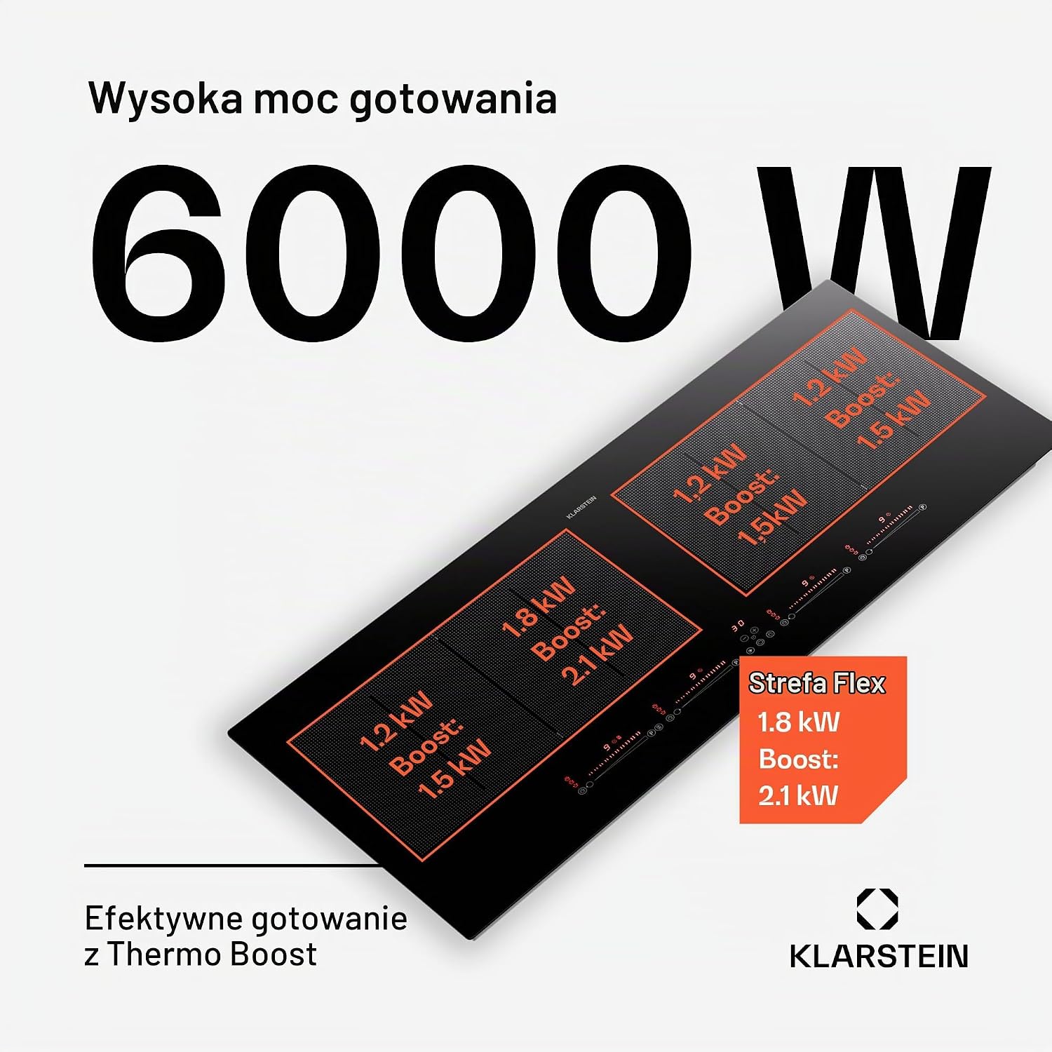Detalle de Klarstein – płyta indukcyjna 90 cm, 4 pola, 7200 W, sterowanie dotykowe