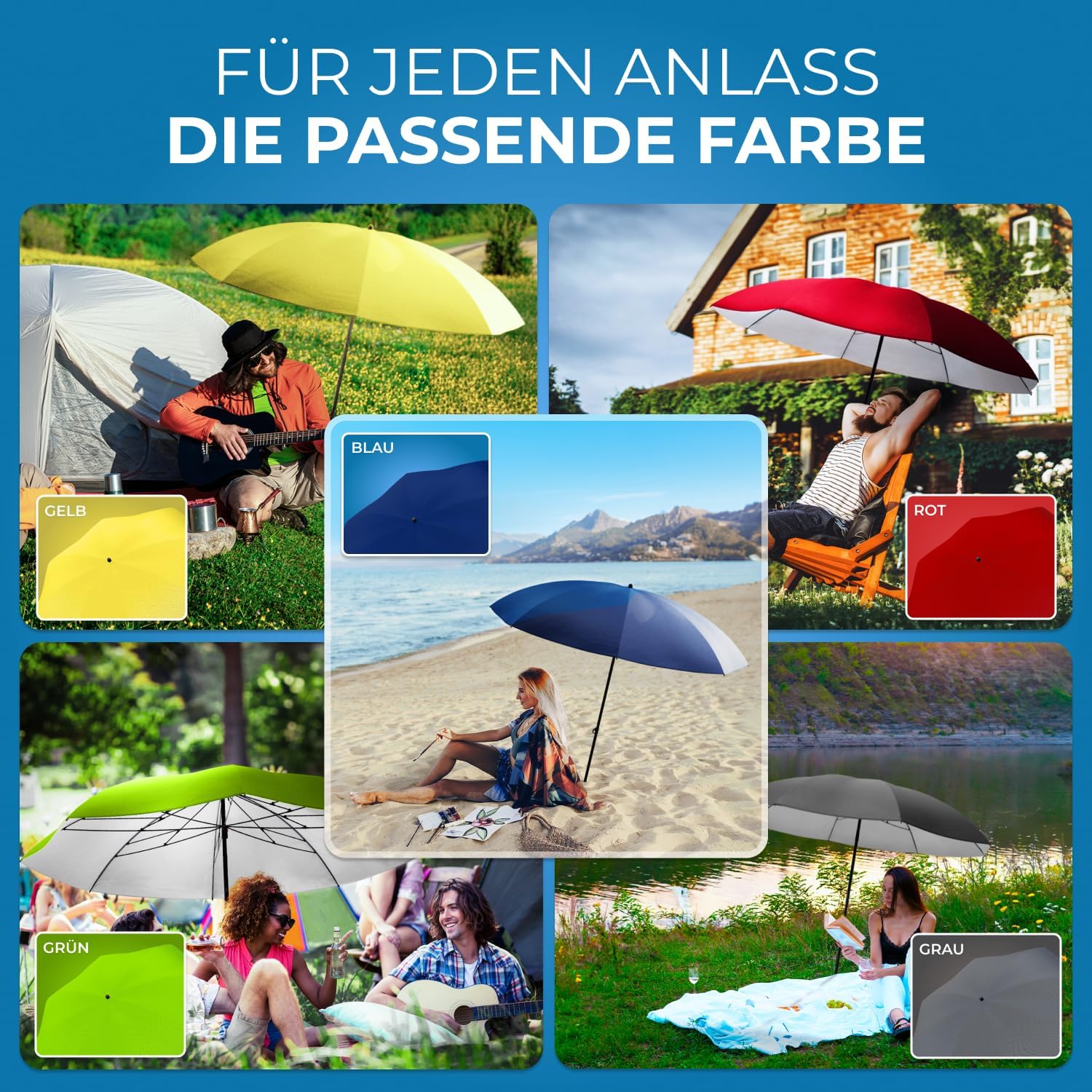 Detalle de STYNGARD Reise Sonnenschirm NIZZA – UV50+ Strandschirm, Ø155 cm, grau, kompakt mit Abspannleinen