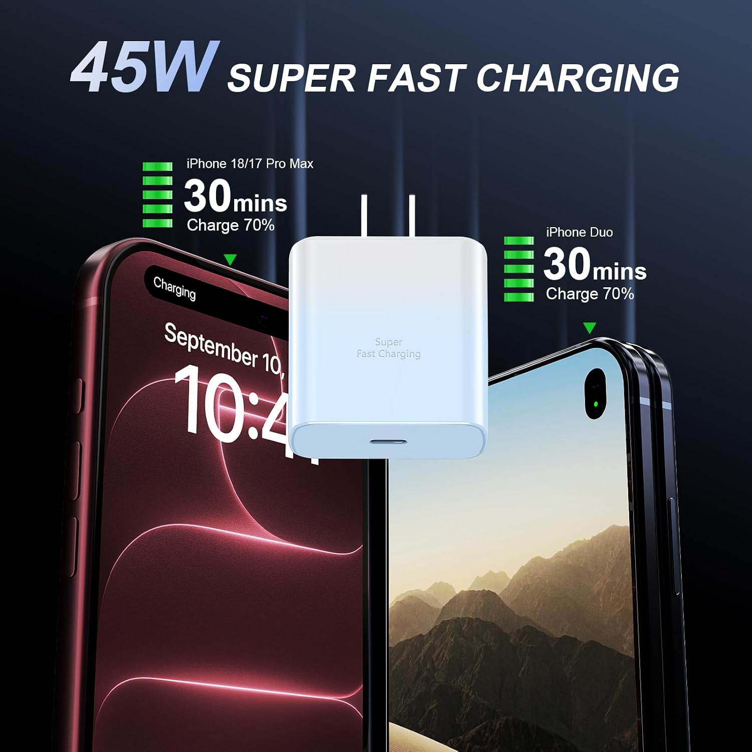 Thumbnail 1 de Phone 16 Pro Max Charger Fast Charging – 45W USB-C Block + 10ft Cable