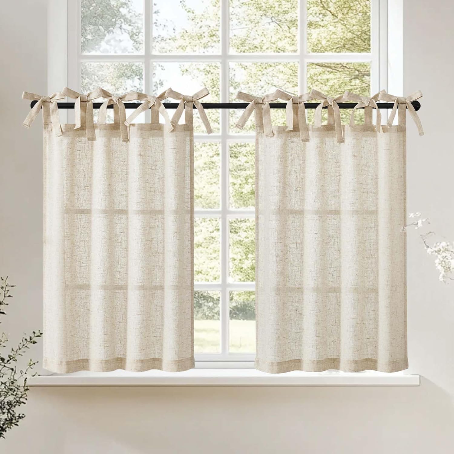 Detalle de Vangao Lot de 2 Rideaux Brise-bise en Lin Beige – 65 x 115 cm, cordon de serrage, style campagnard