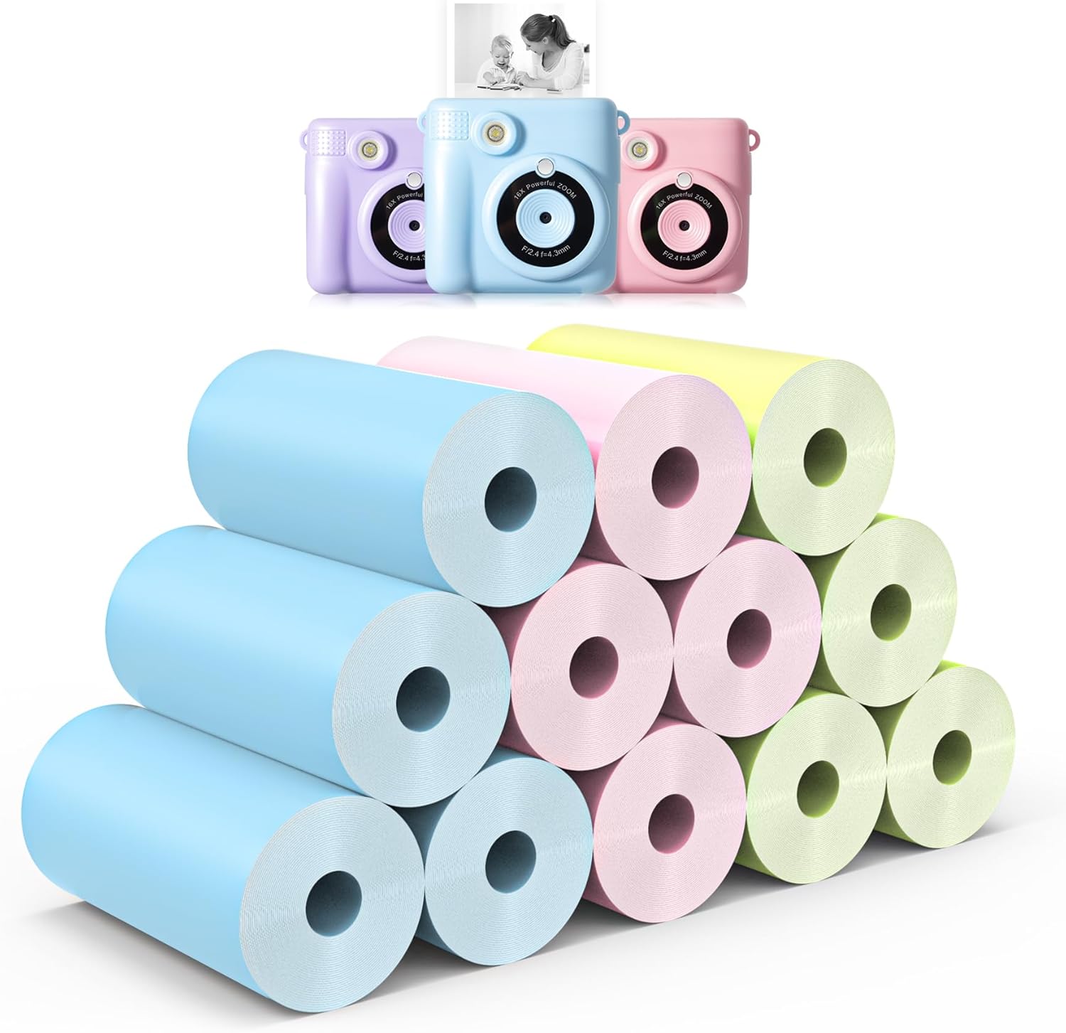 Thumbnail 6 de 12 Rollen Farbpapiere für Hikkon Sofortbildkamera – Farbiges Thermodruckpapier 2,2 in x 20 ft, ca. 75–90 Fotos pro Rolle