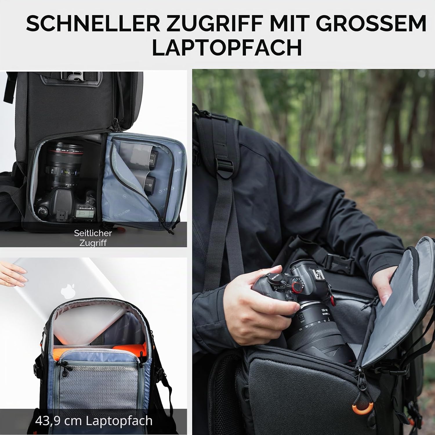 Thumbnail 4 de TARION Großer Kamerarucksack PB-02 Pro – 30,5 L, 17,3 Zoll Laptopfach, Wetterschutz, Seitenzugriff