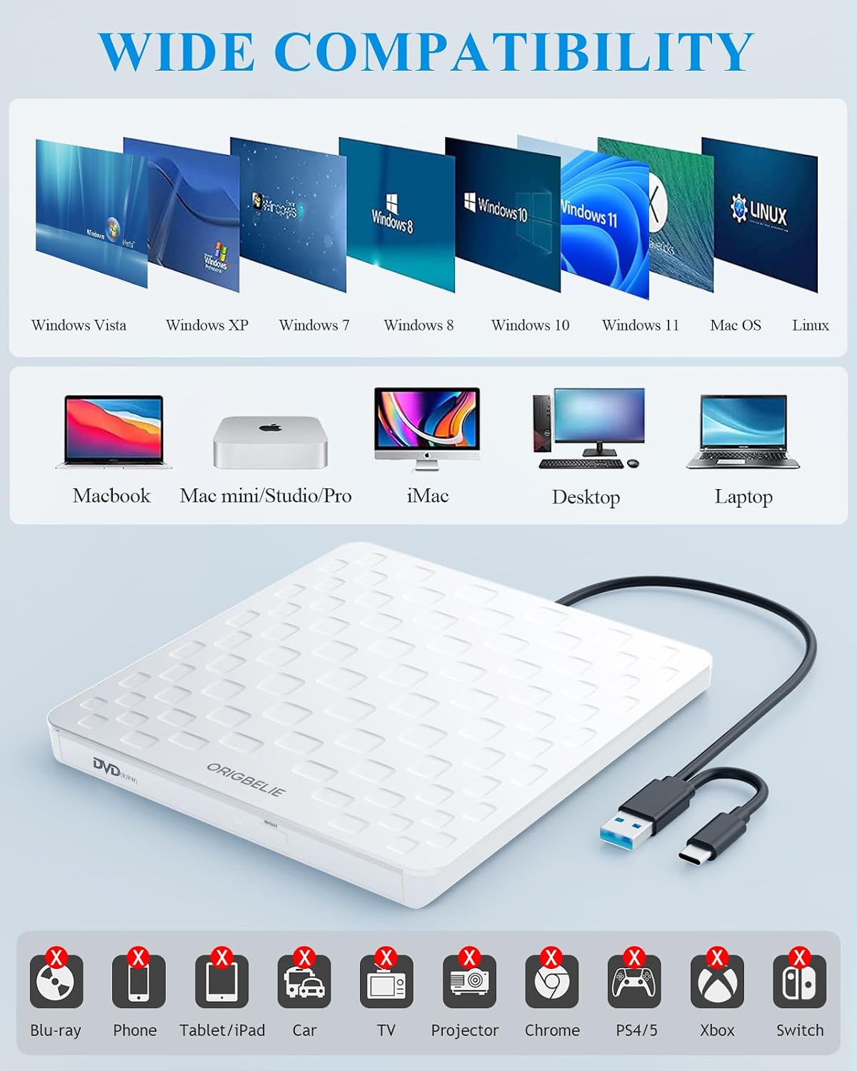 Detalle de ORIGBELIE External CD/DVD Drive for Laptop – Ultra-slim 13mm USB 3.0 Type-C Portable Burner/Reader (White)